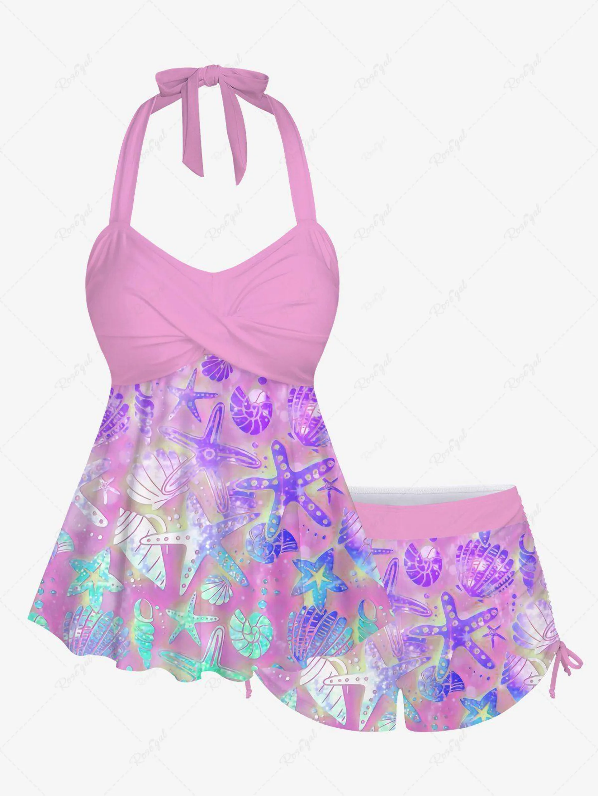 Glitter Ombre Starfish Shell Conch Print Twist Backless Halter Cinched Boyleg Tankini Swimsuit - 5x