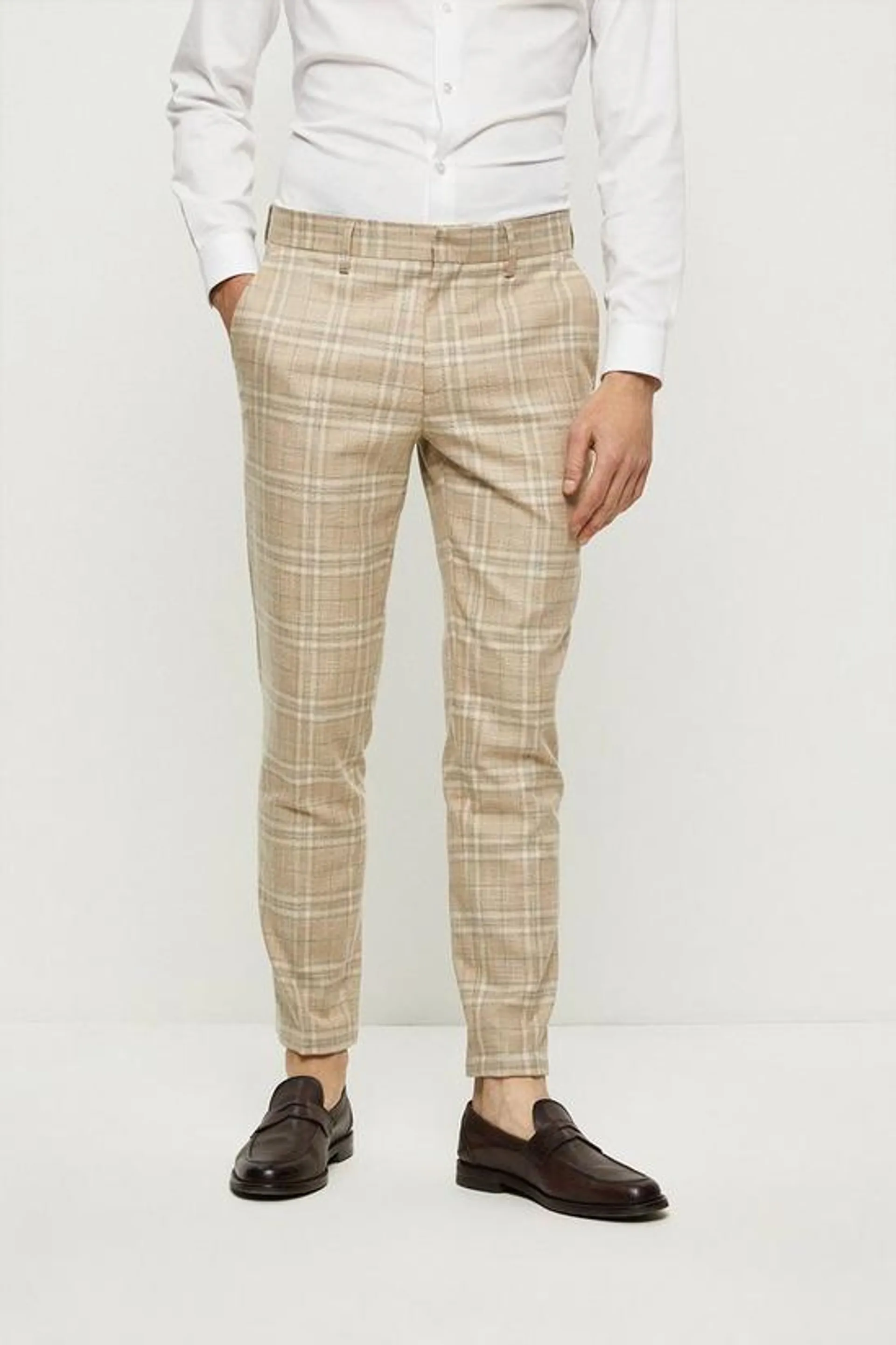 Skinny Fit Stone Textured Check Suit Trousers