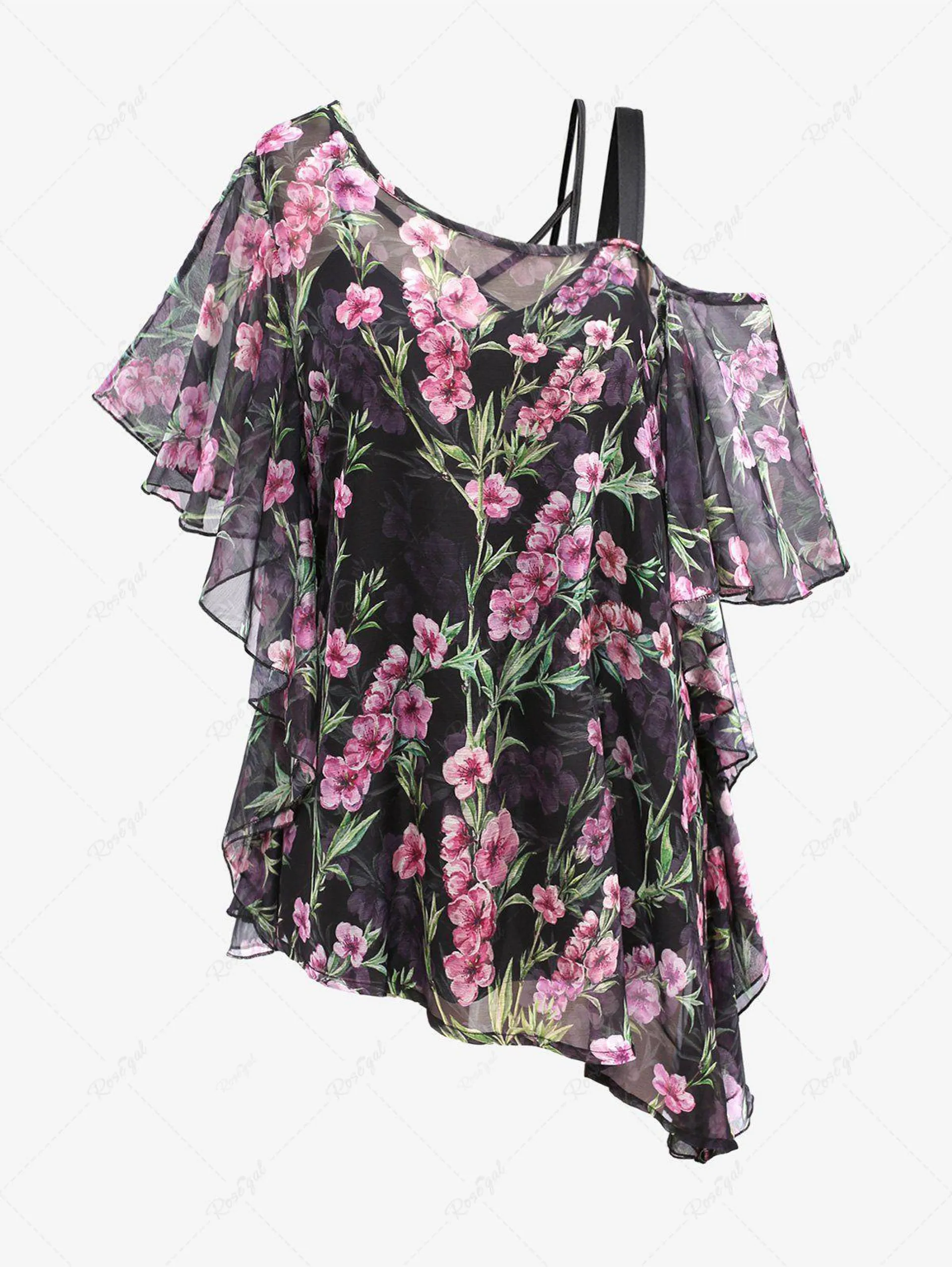 Plus Size Crisscross Cami Top and Flower Print Chiffon Cold Shoulder T-shirt - L | Us 12