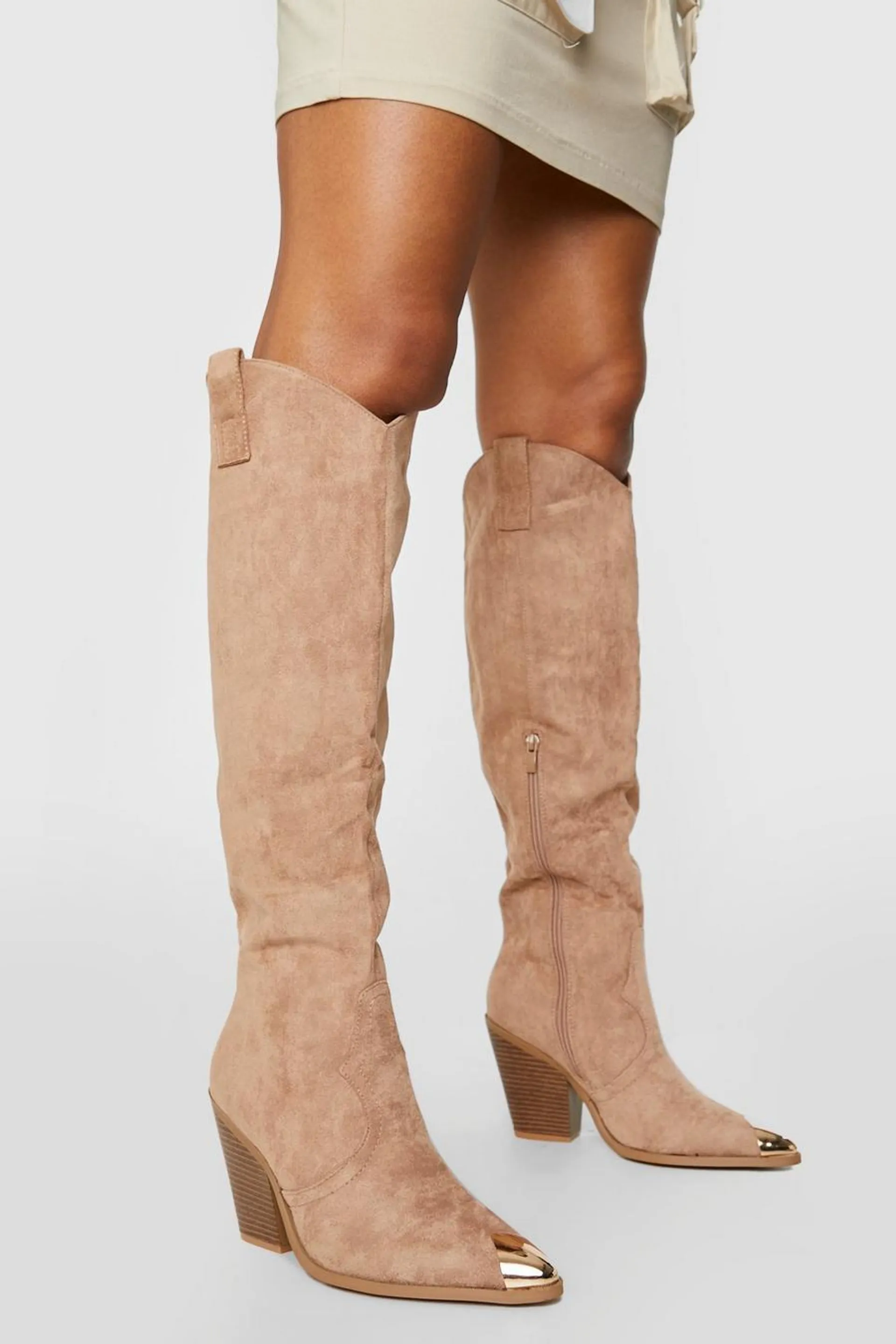 Knee High Toe Cap Pull On Western Cowboy Boots