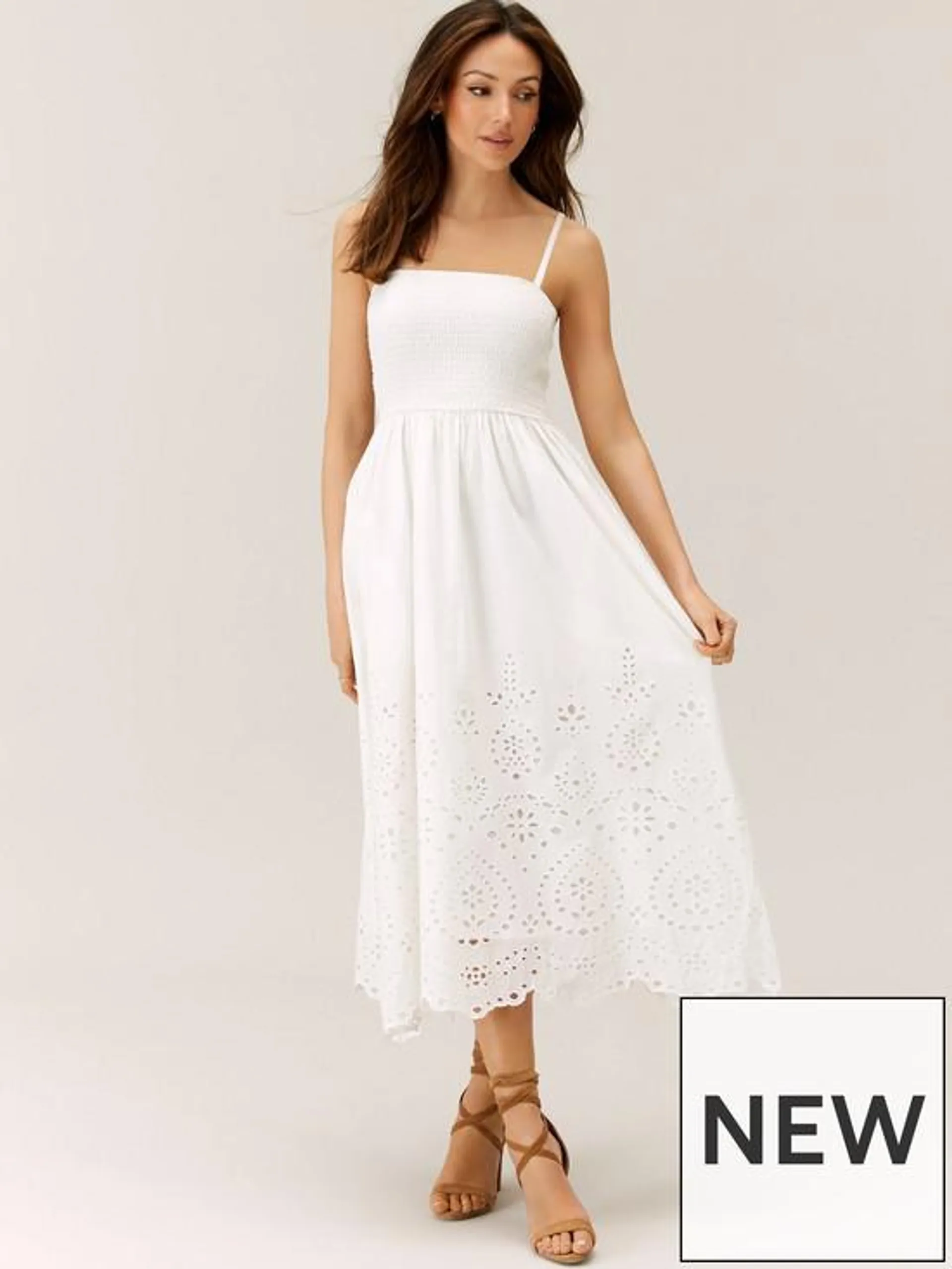 Michelle Keegan Strappy Broderie Midi Dress - White