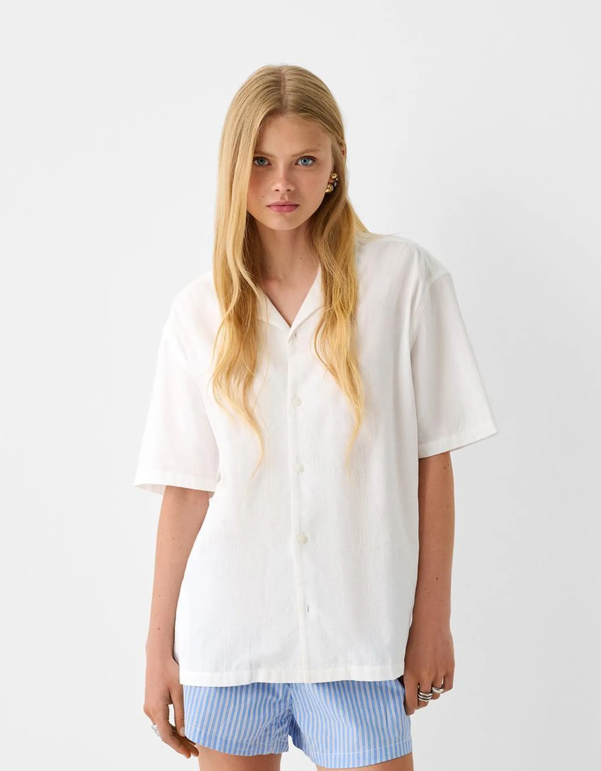 Textured cotton short sleeve shirt