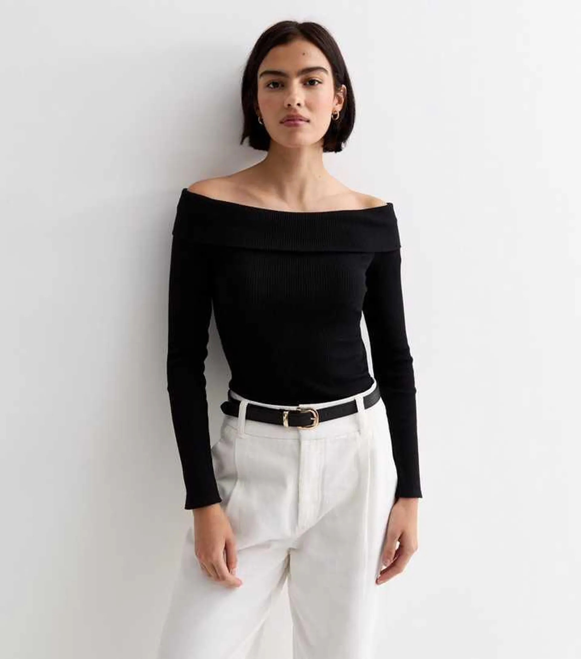 Black Ribbed Bardot Long Sleeve Top