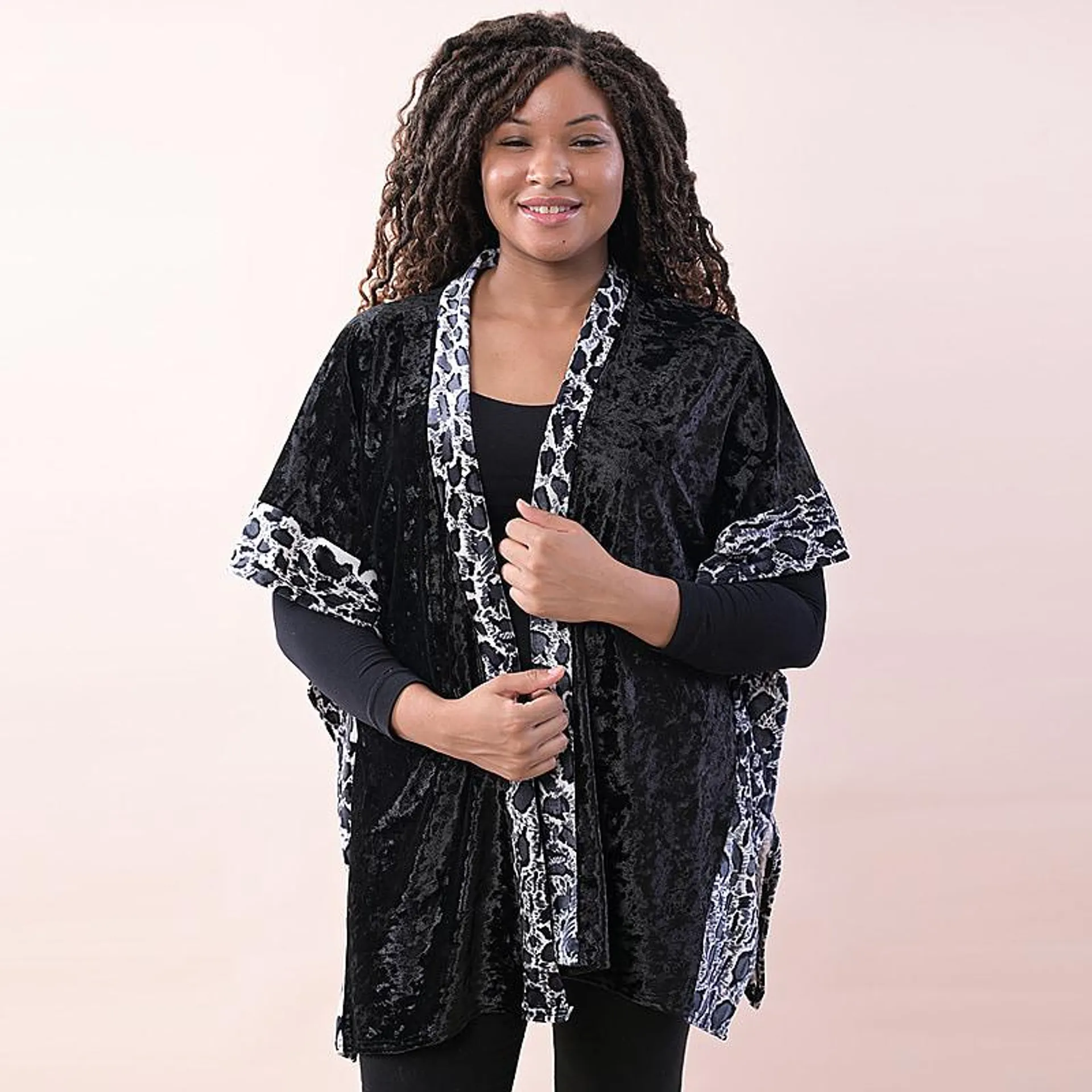 TAMSY Velvet Women's Kimono with Leopard Print Border - Black and Grey