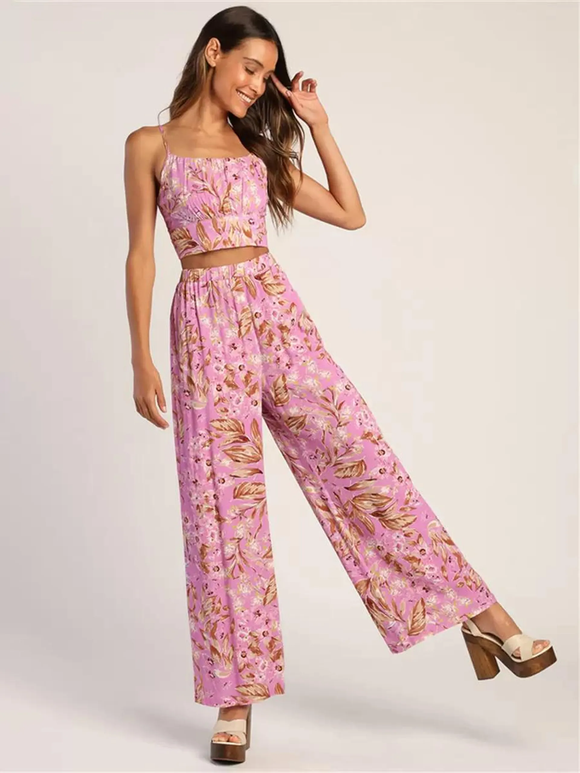 Pant Set Pink Floral Print Street Wear Polyester Pleated Casual