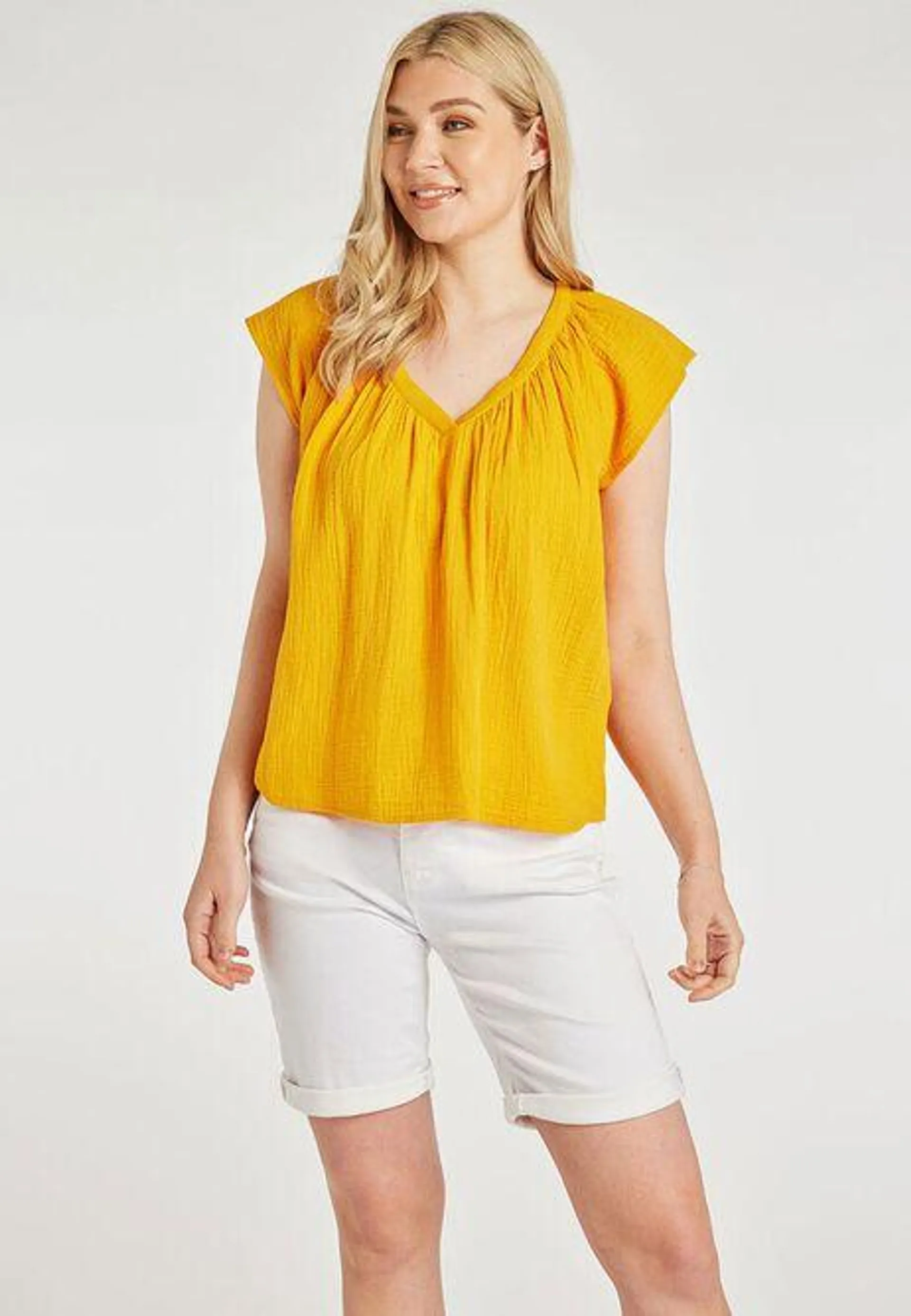 Womens Yellow Cotton Textured Top