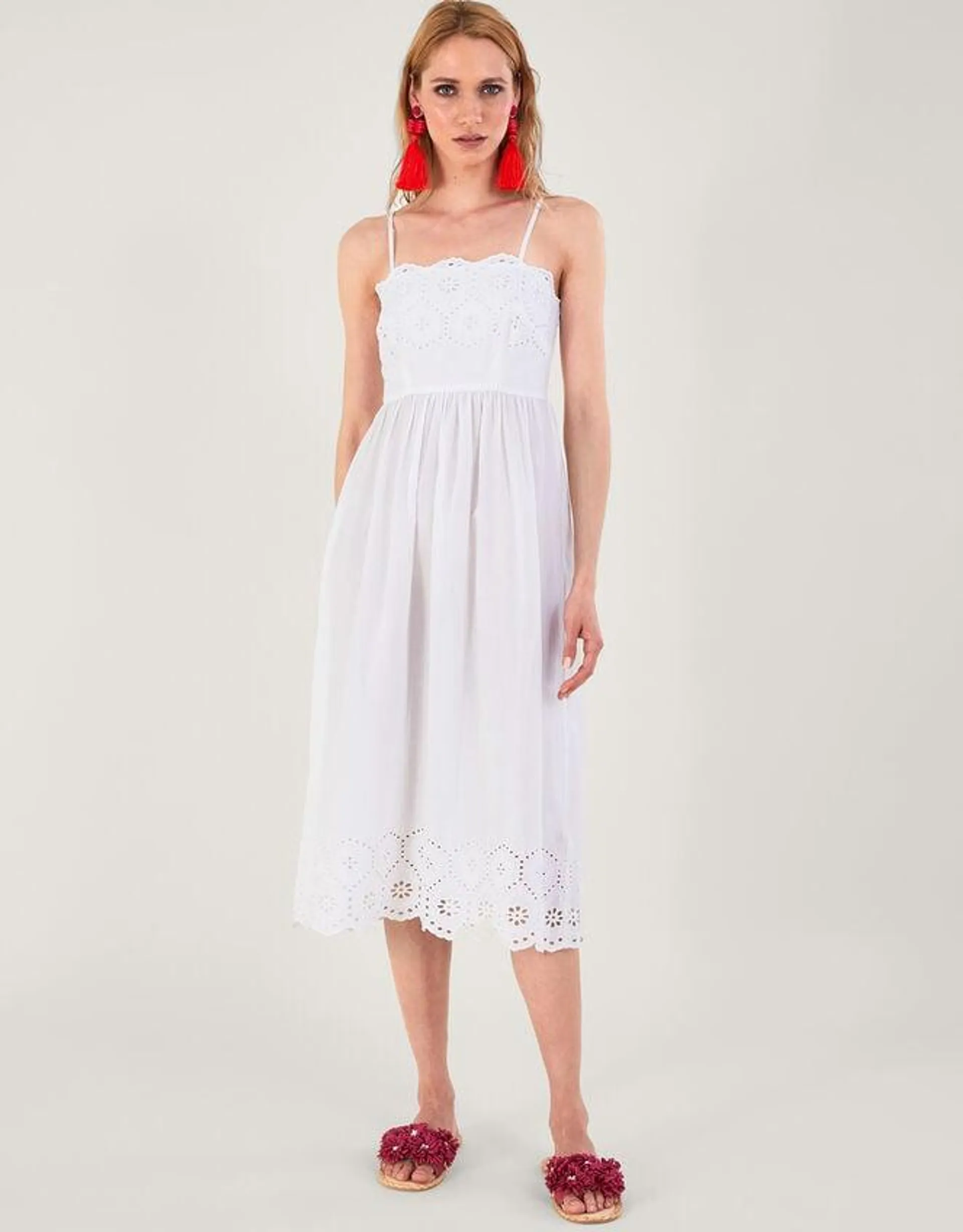 Broderie Neck and Hem Cami Dress White