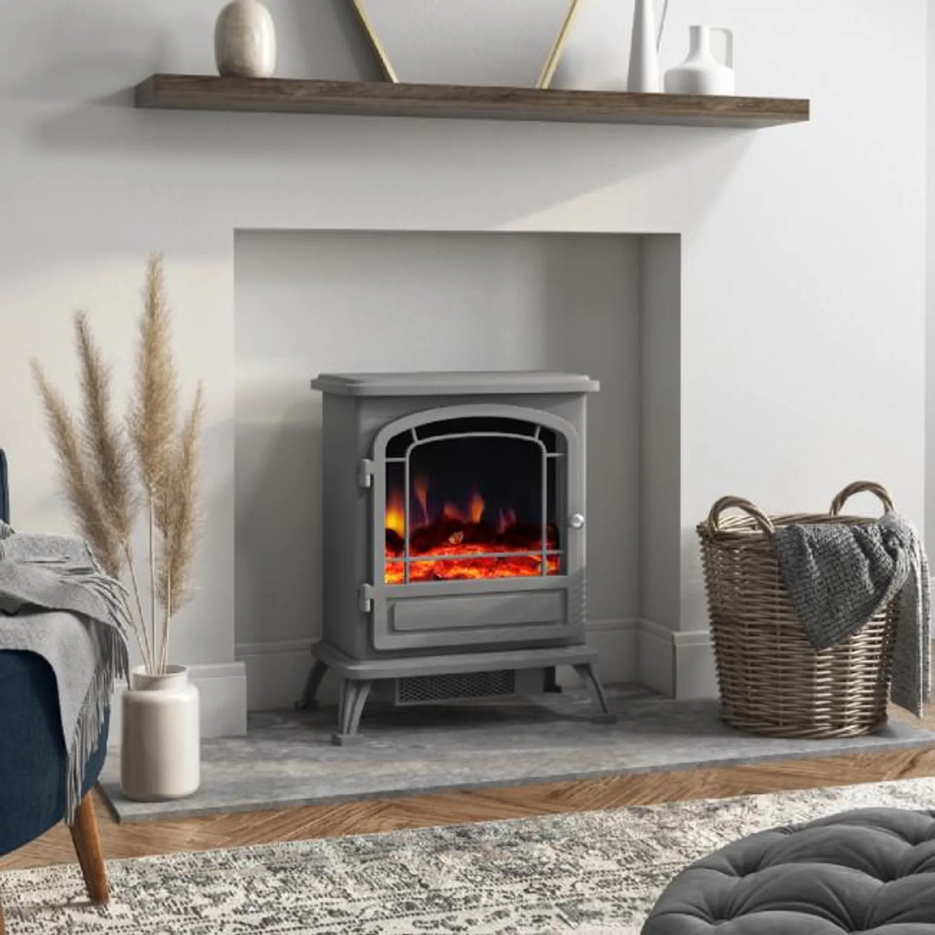 Grey Freestanding Electric Log Burner Fireplace - AmberGlo