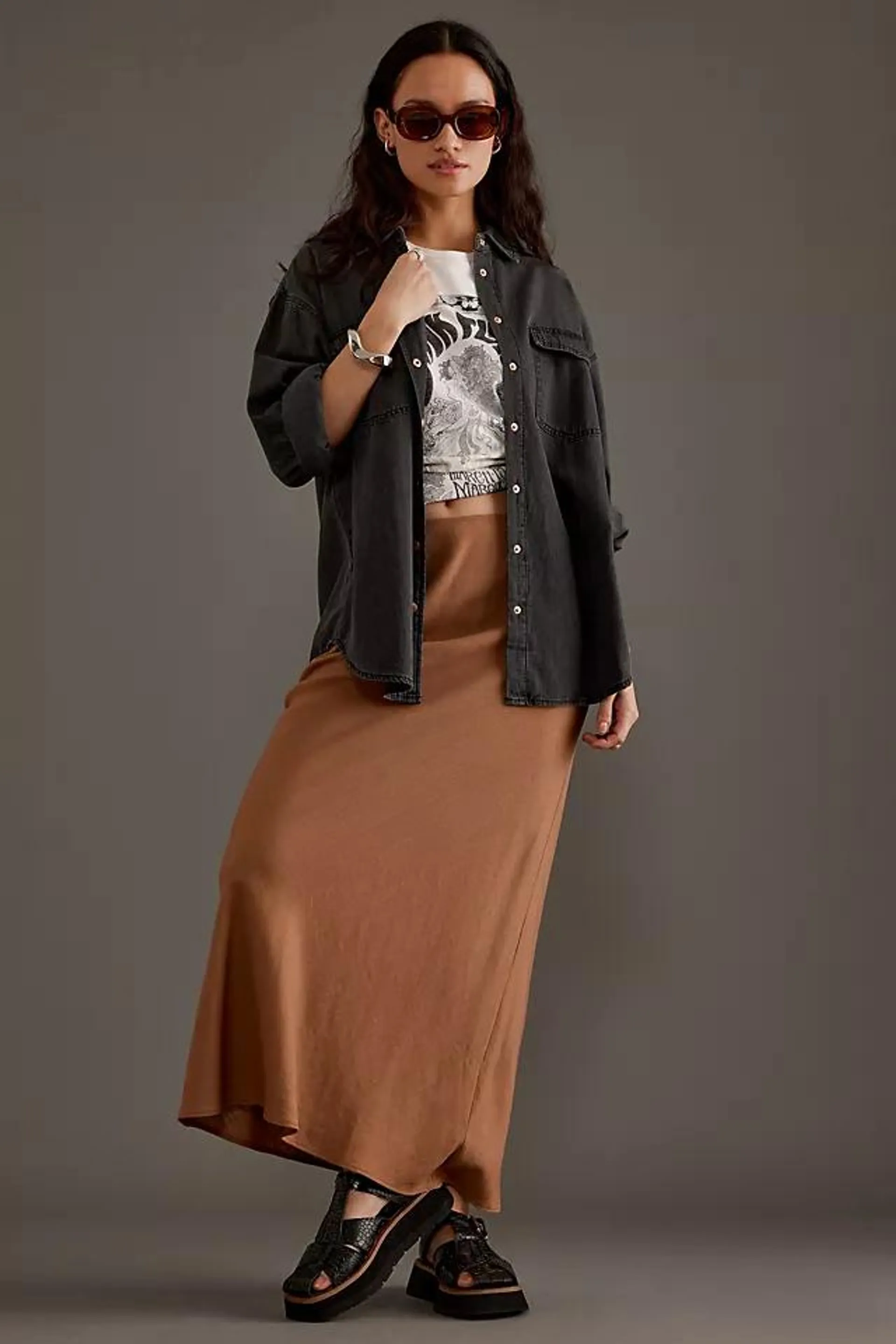 Linen-Blend Bias Maxi Skirt