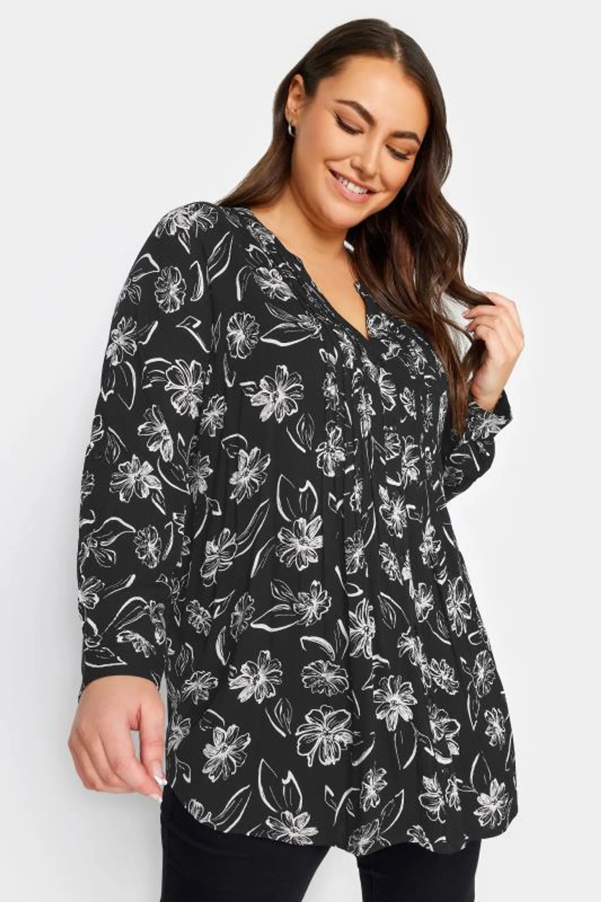 YOURS Curve Black Pintuck Floral Print Shirt