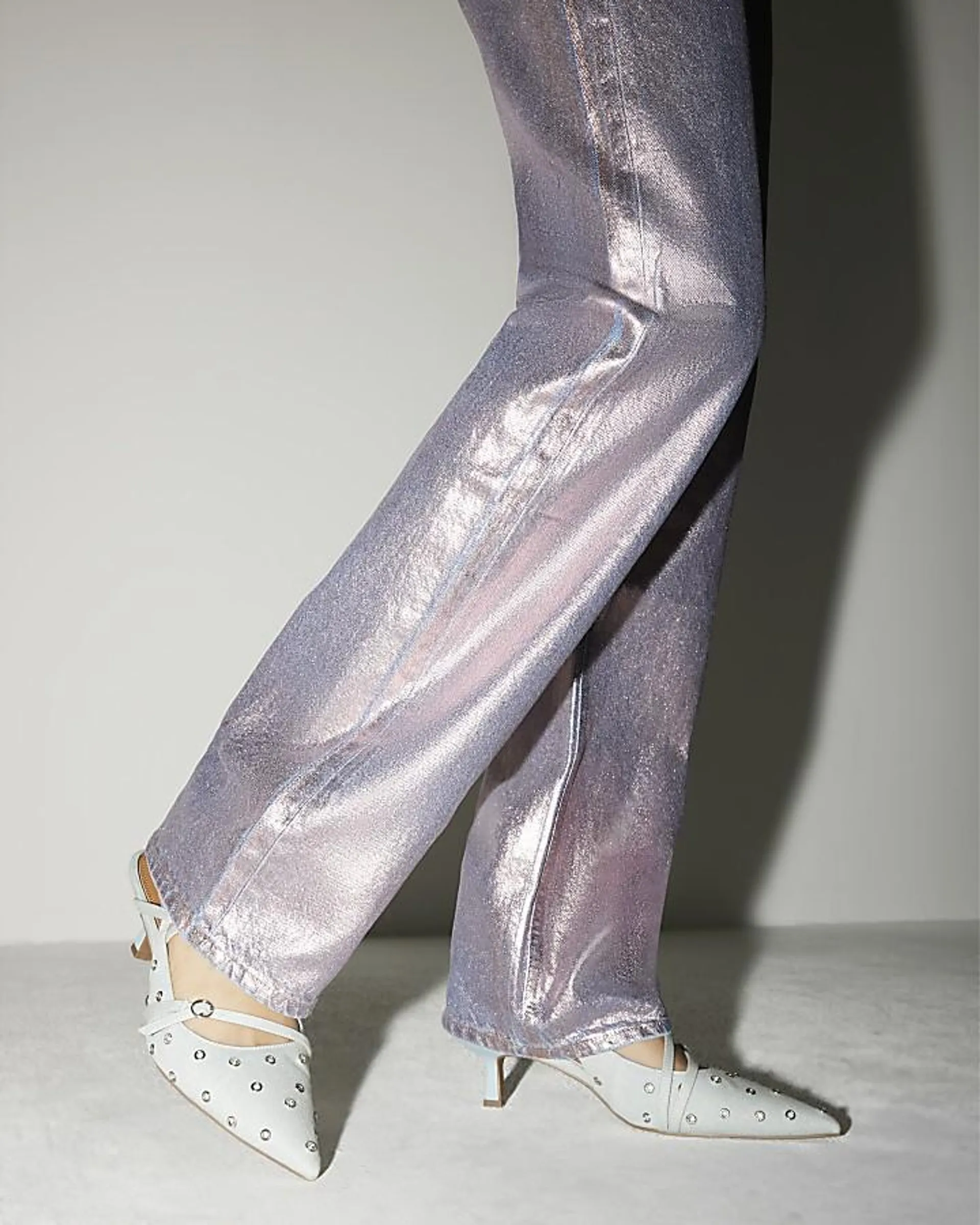 Pink metallic stove pipe straight jeans