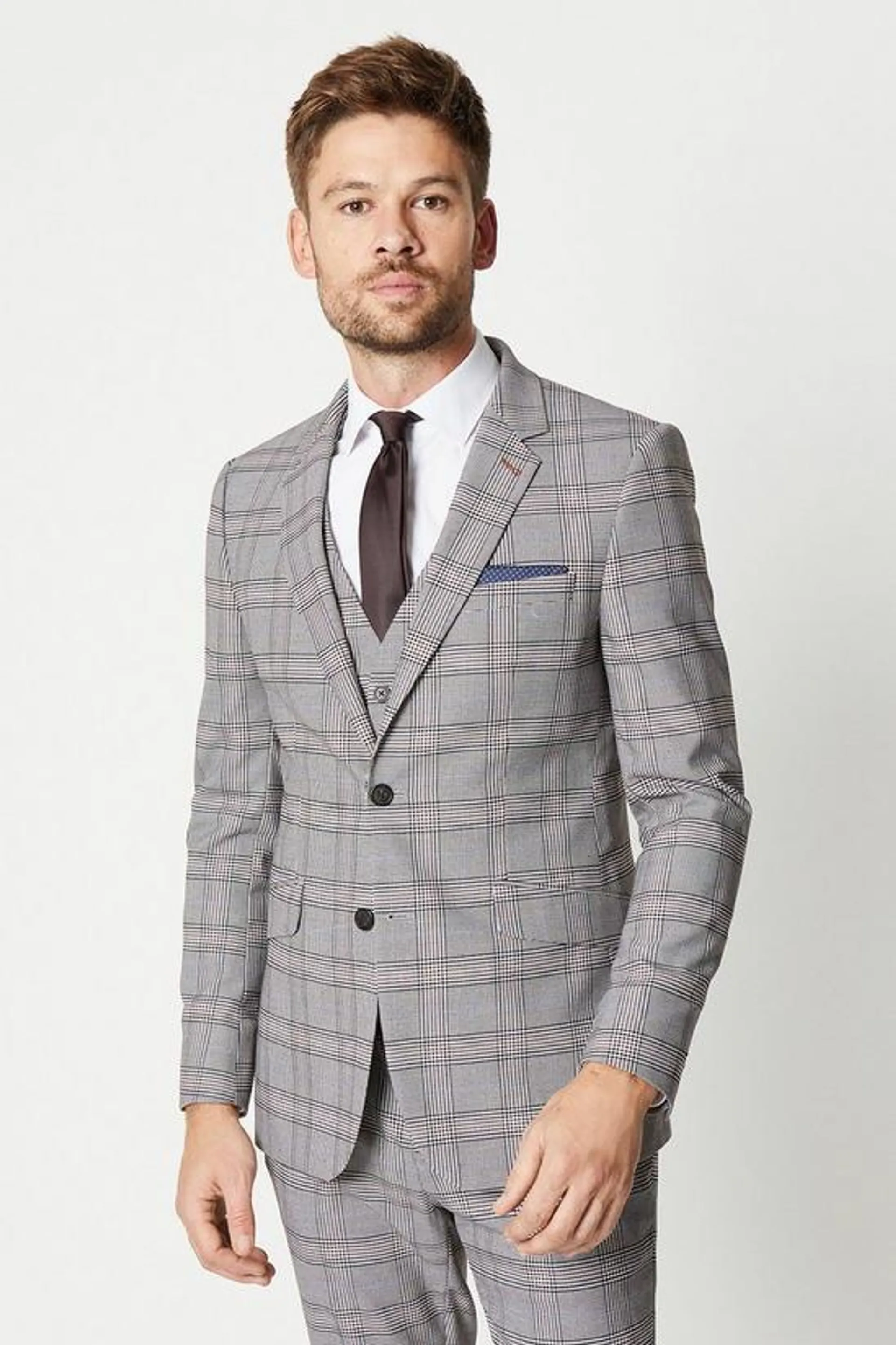 Skinny Fit Brown Retro Check Suit Jacket