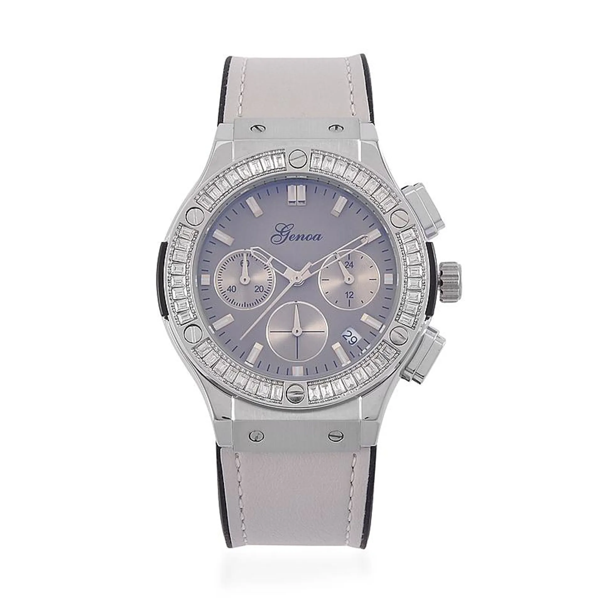 GENOA Time V2 Multifunction Movement Embellished with White CZ Water Resistant Watch in Silver Tone with Grey Silicone Strap