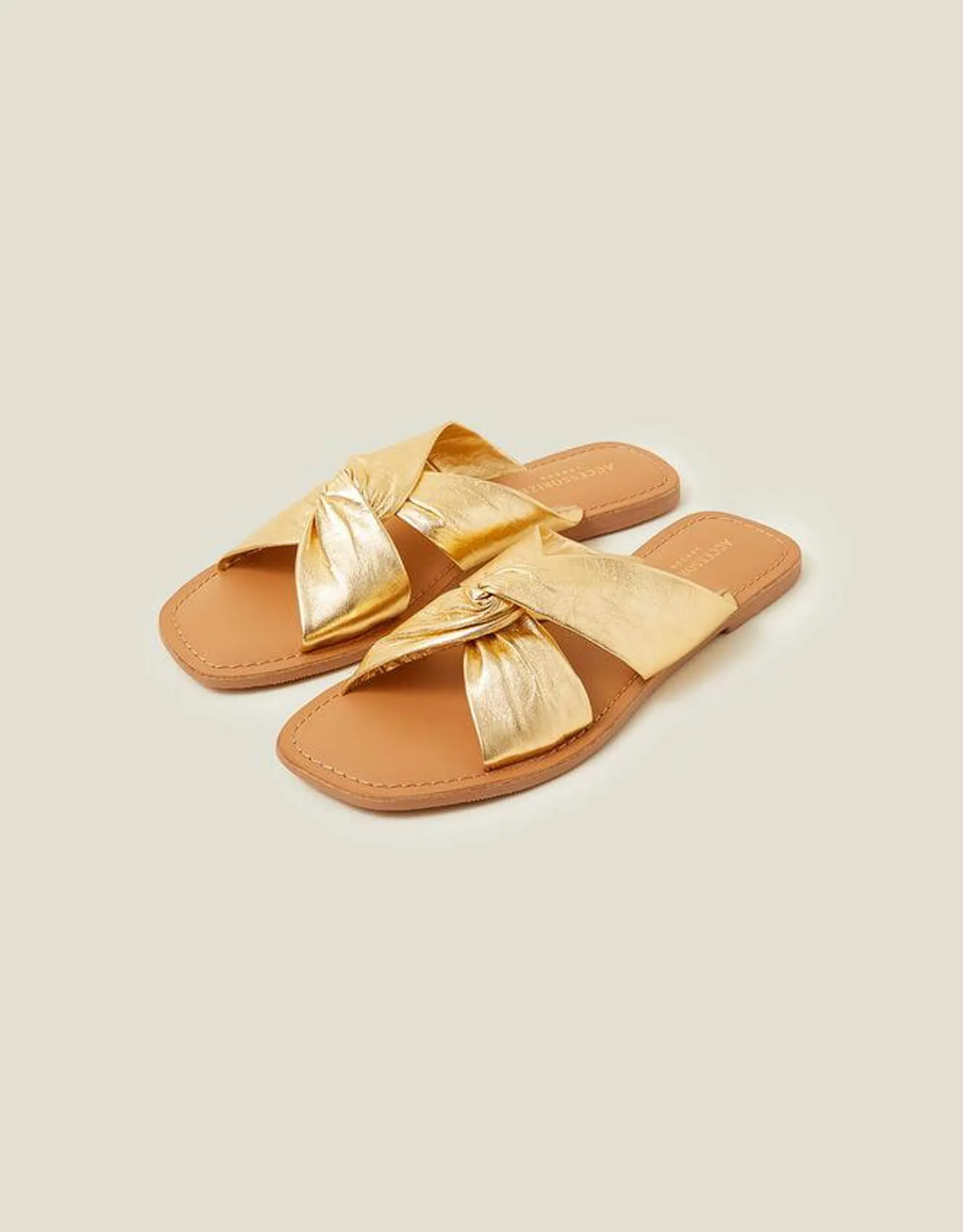 Metallic Leather Knot Sandals Gold
