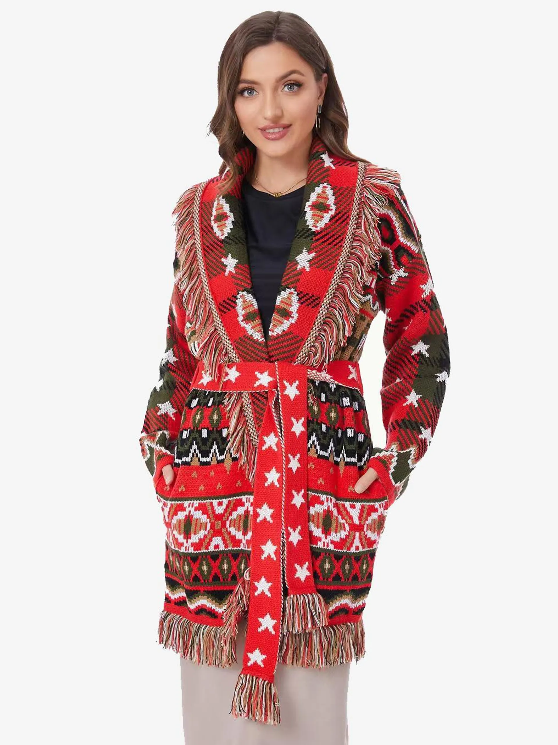 Red Jacquard Cardigans Geometric Tassel Trim Belted Wool Blend Boho Sweater