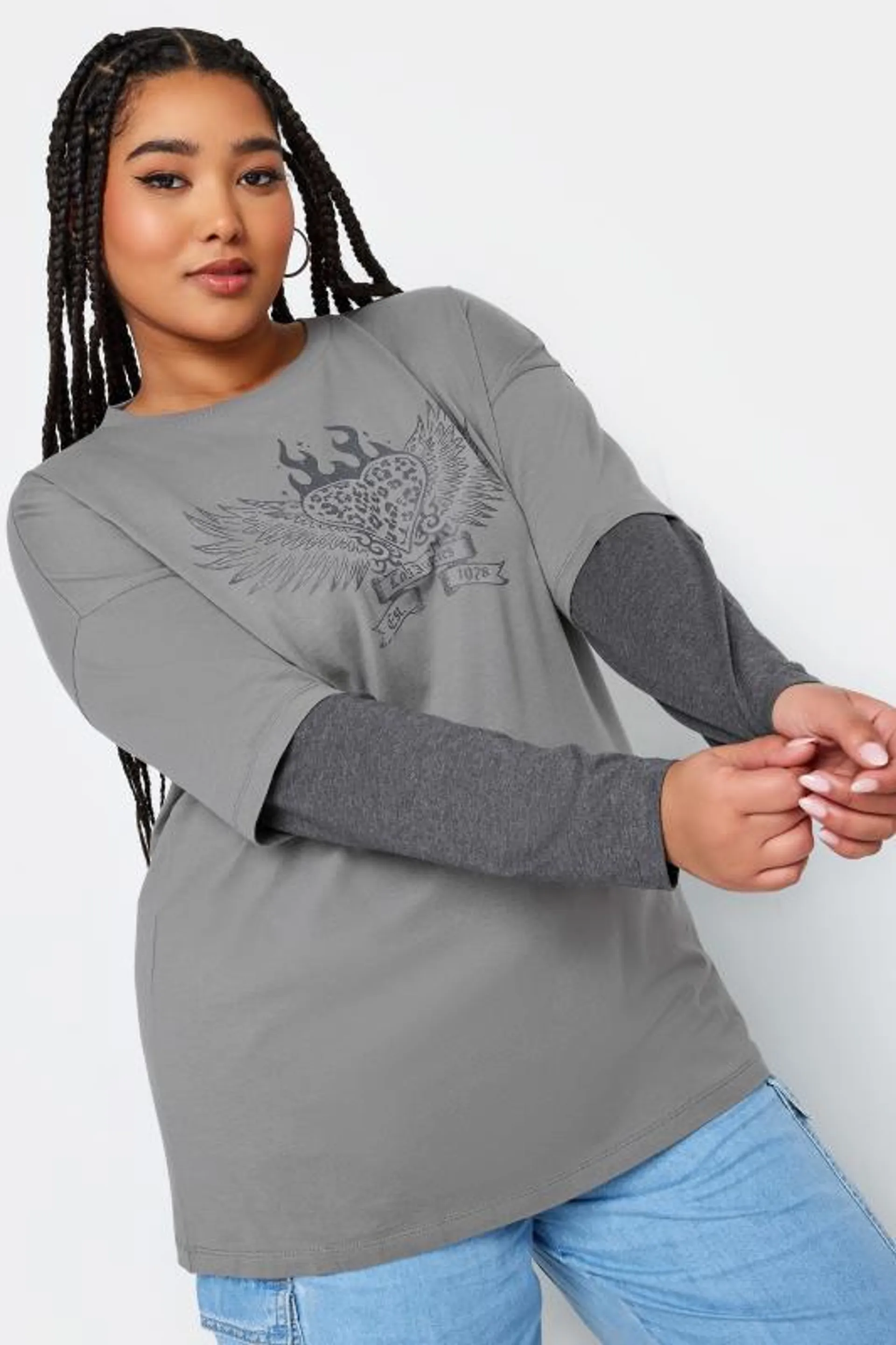 YOURS Curve Grey 2 In 1 Flame Heart Print Top