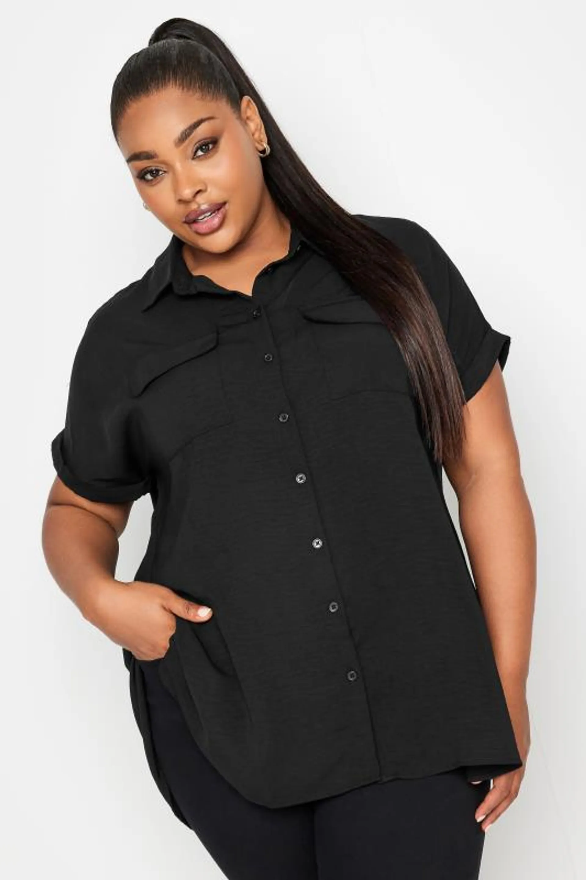 YOURS Curve Black Utility Short Sleeve Shirt