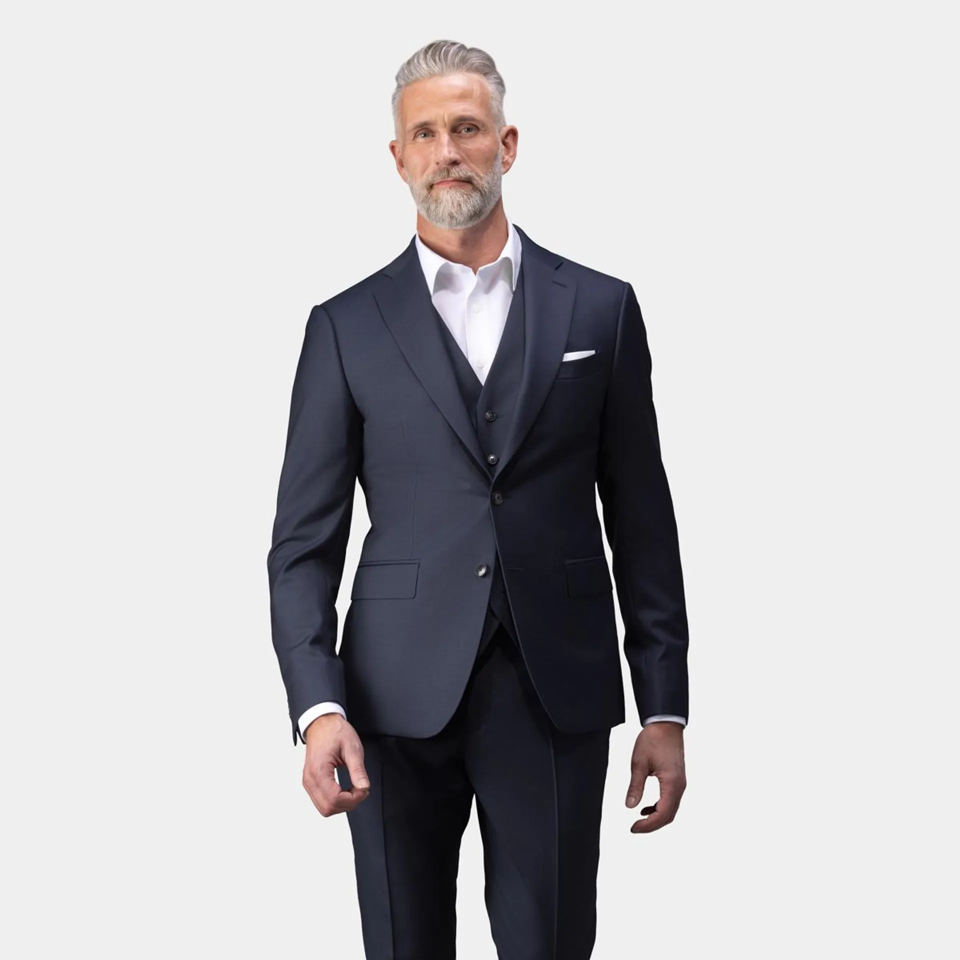 Dark navy three-piece suit