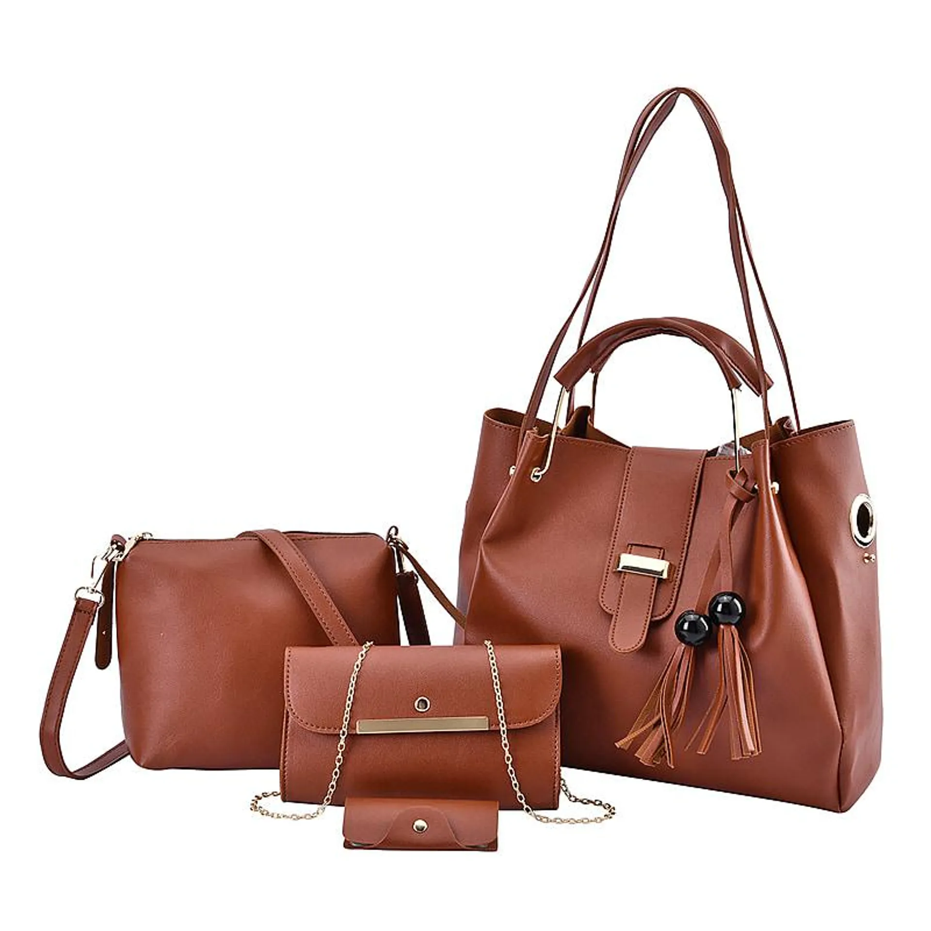 One Time Close Out Deal- Set of 4 - Tote Bag with Handle Drop, Card Holder, Crossbody and Clutch Bag with Long Strap - Tan