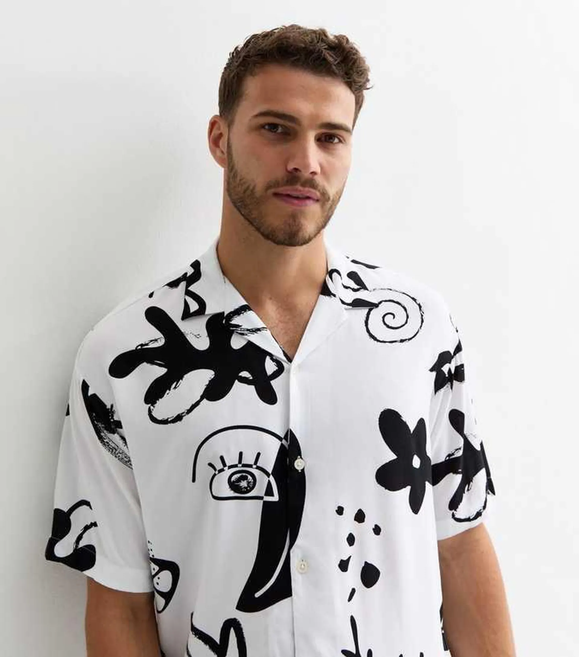 Jack & Jones White Abstract-Print Short-Sleeved Shirt