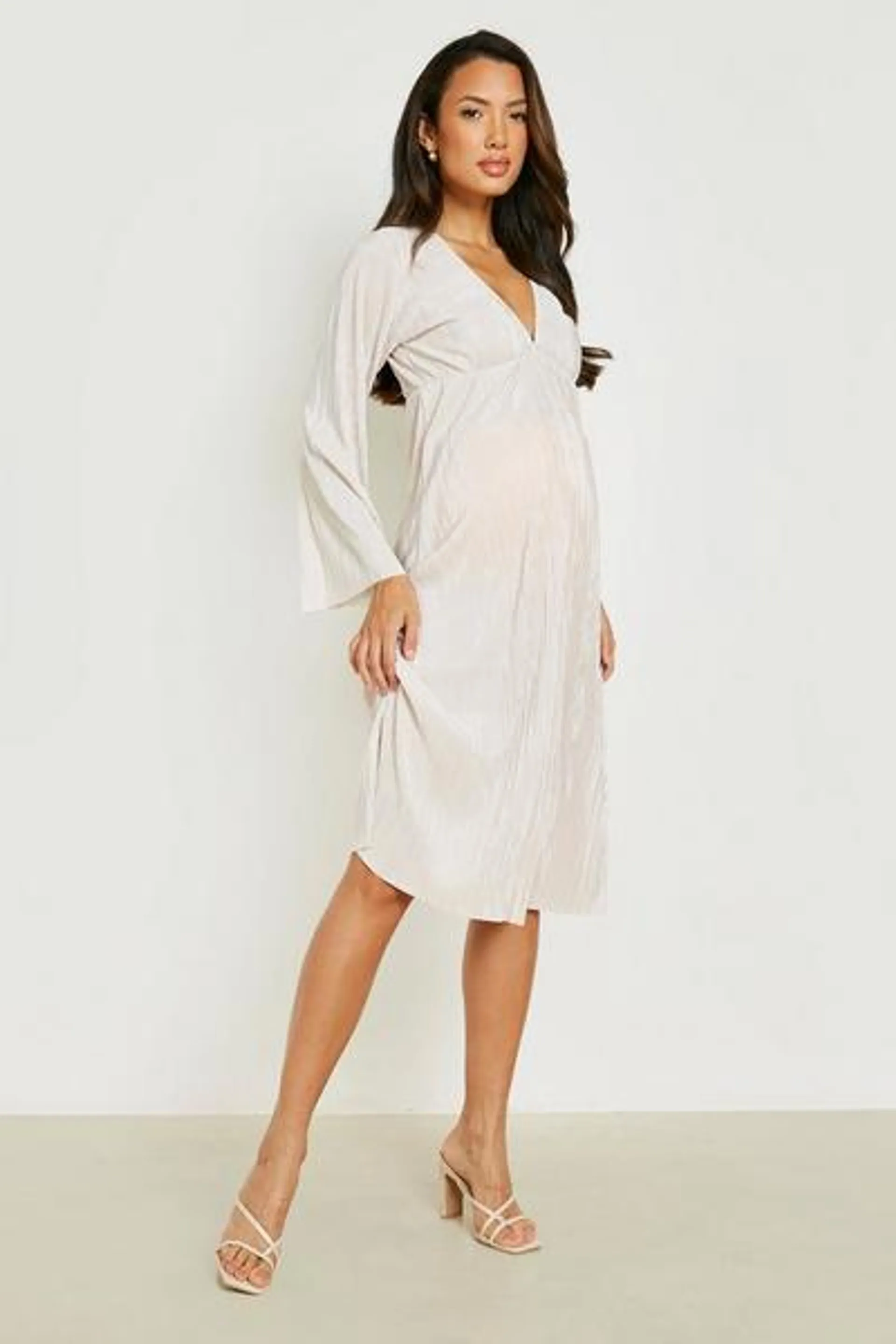 Maternity Plisse Flare Sleeve Midi Dress