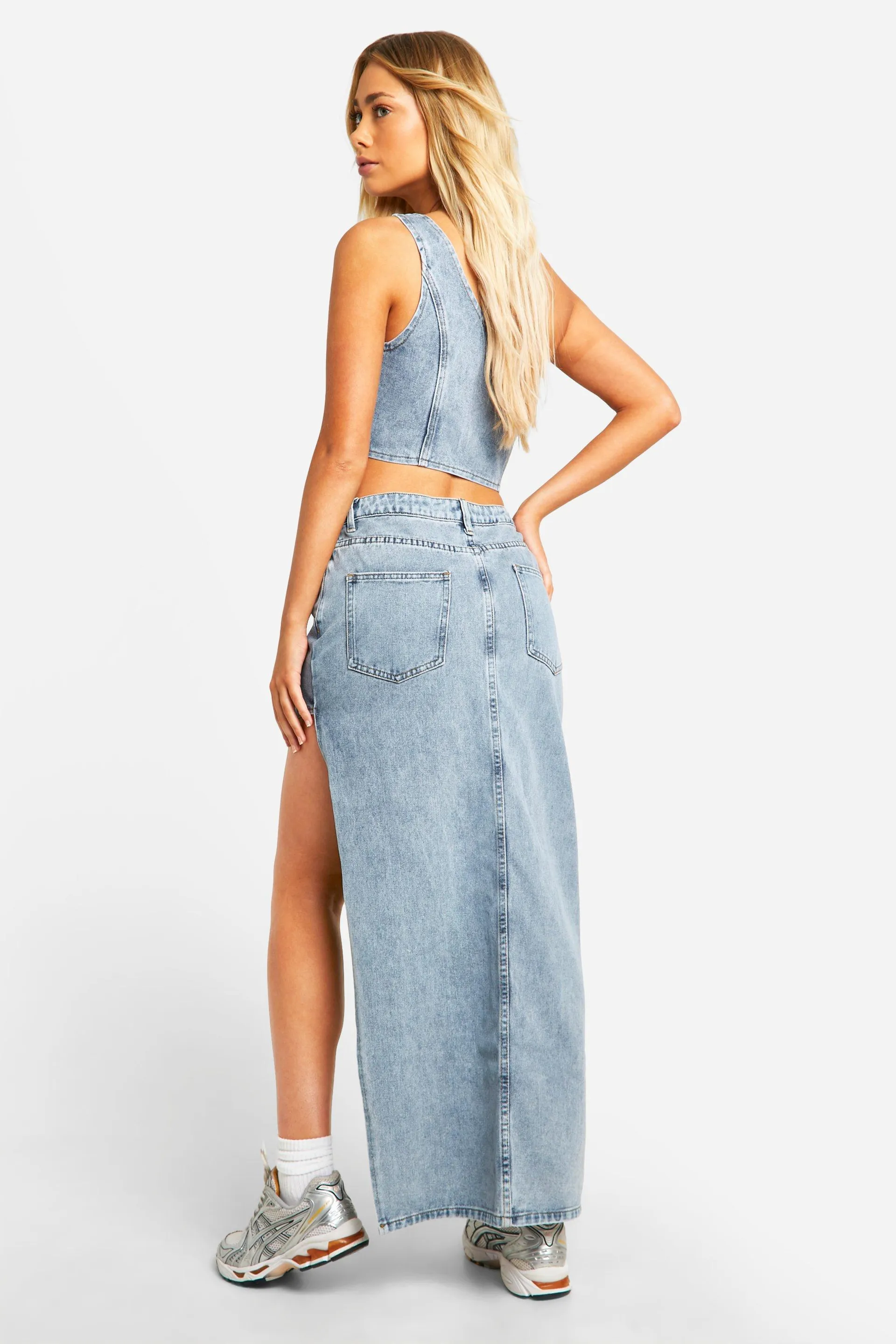 Asymmetric Thigh Split Denim Maxi Skirt