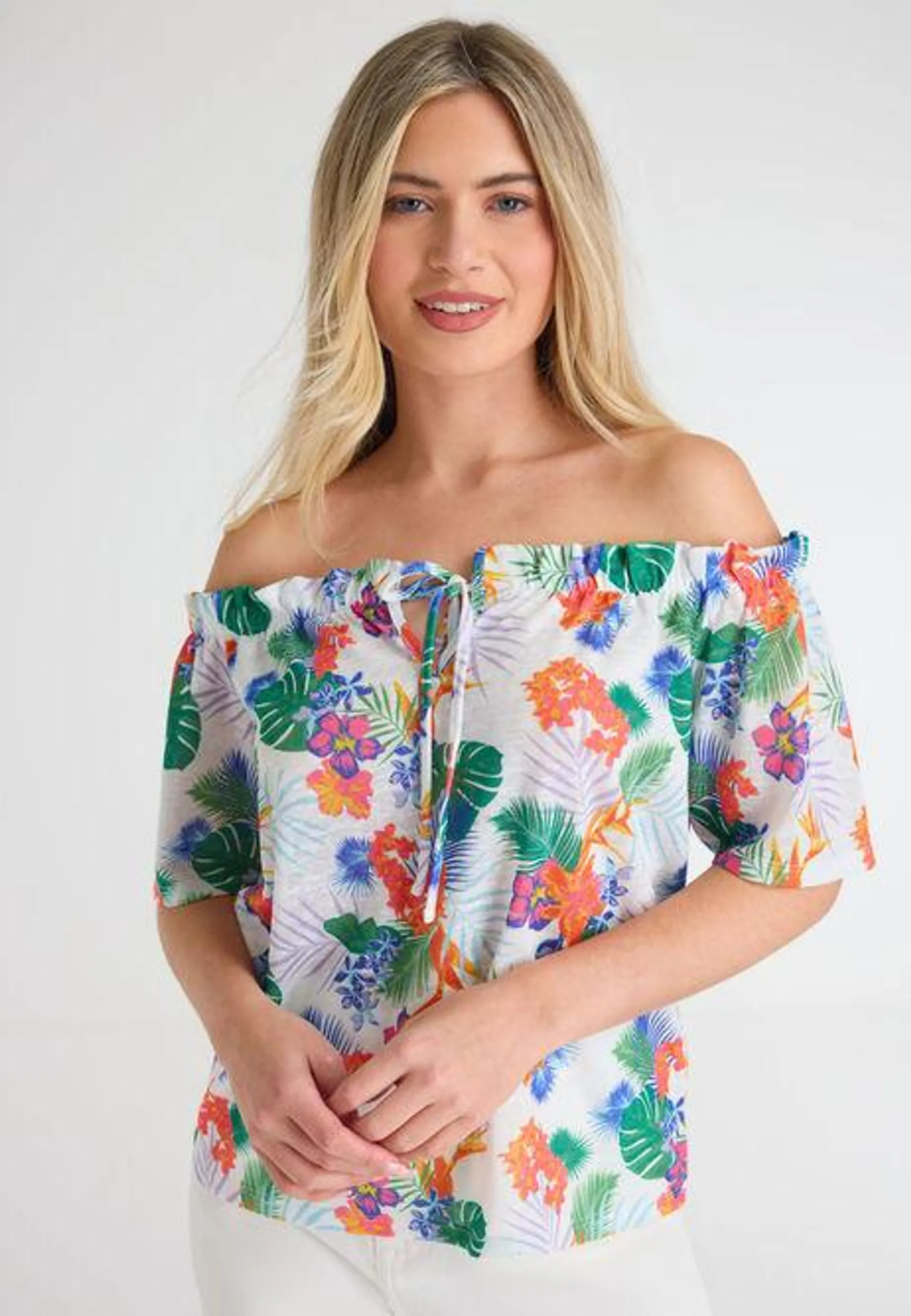 Womens Floral Tie-Front Bardot Blouse