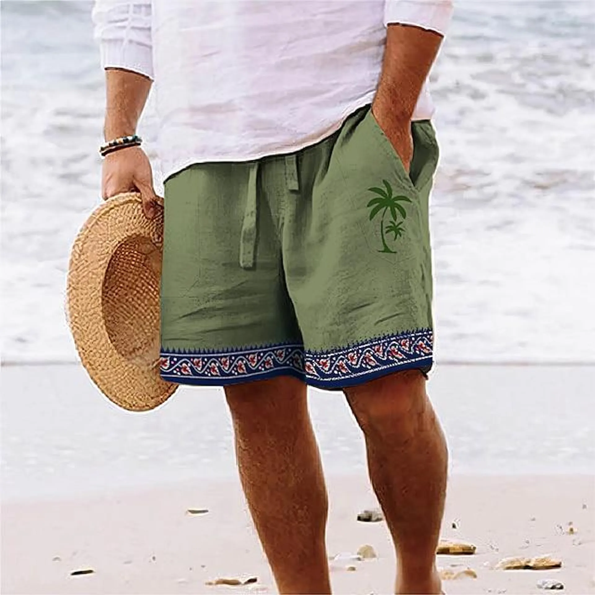 Men's Shorts Summer Shorts Beach Shorts Drawstring Elastic Waist 3D Print Graphic Coconut Tree Geometry Breathable Soft Short Casual Daily Holiday Streetwear Hawaiian White Blue Micro-elastic