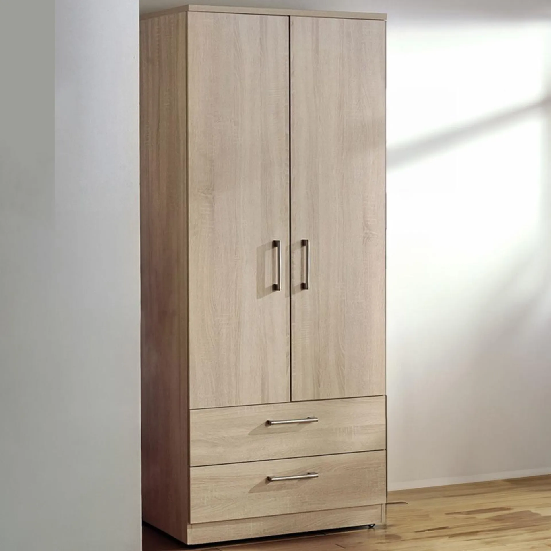 Crowndale Devon Ready Assembled 2 Door 2 Drawer Bardolino Oak Wardrobe