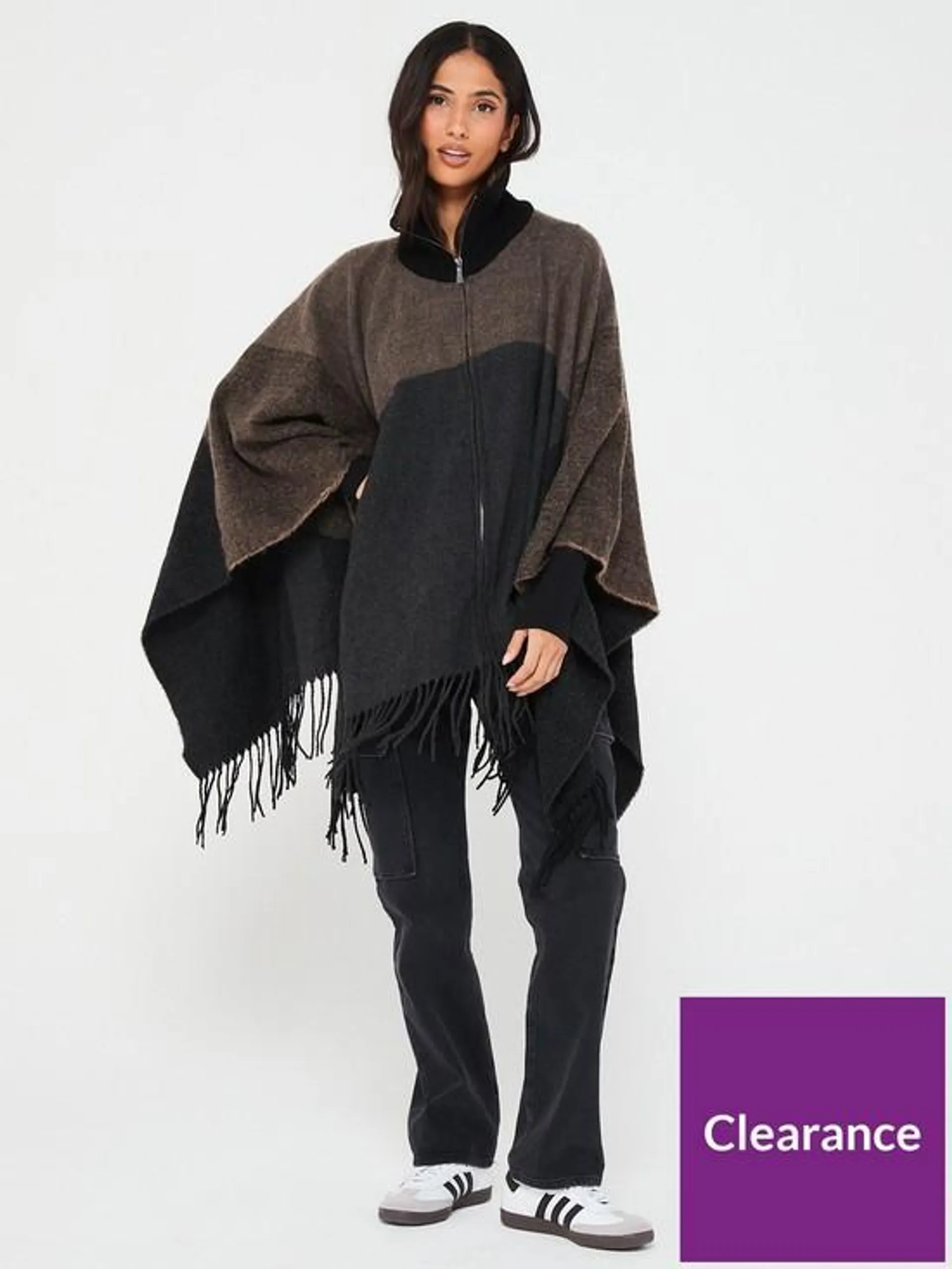 Colour Block High Neck Poncho - Brown