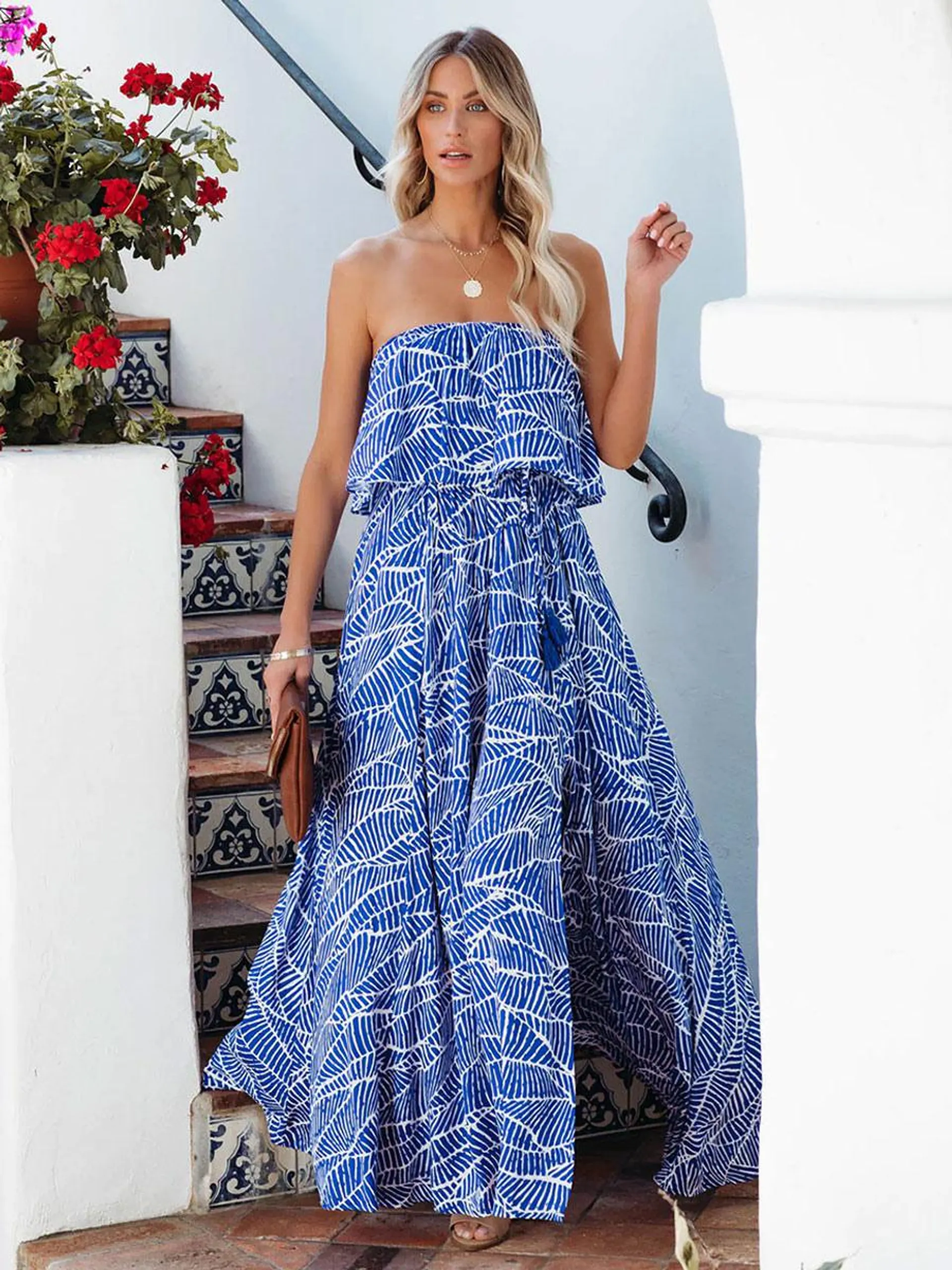 Summer Dress Strapless Floral Print Backless Blue Long Beach Dress