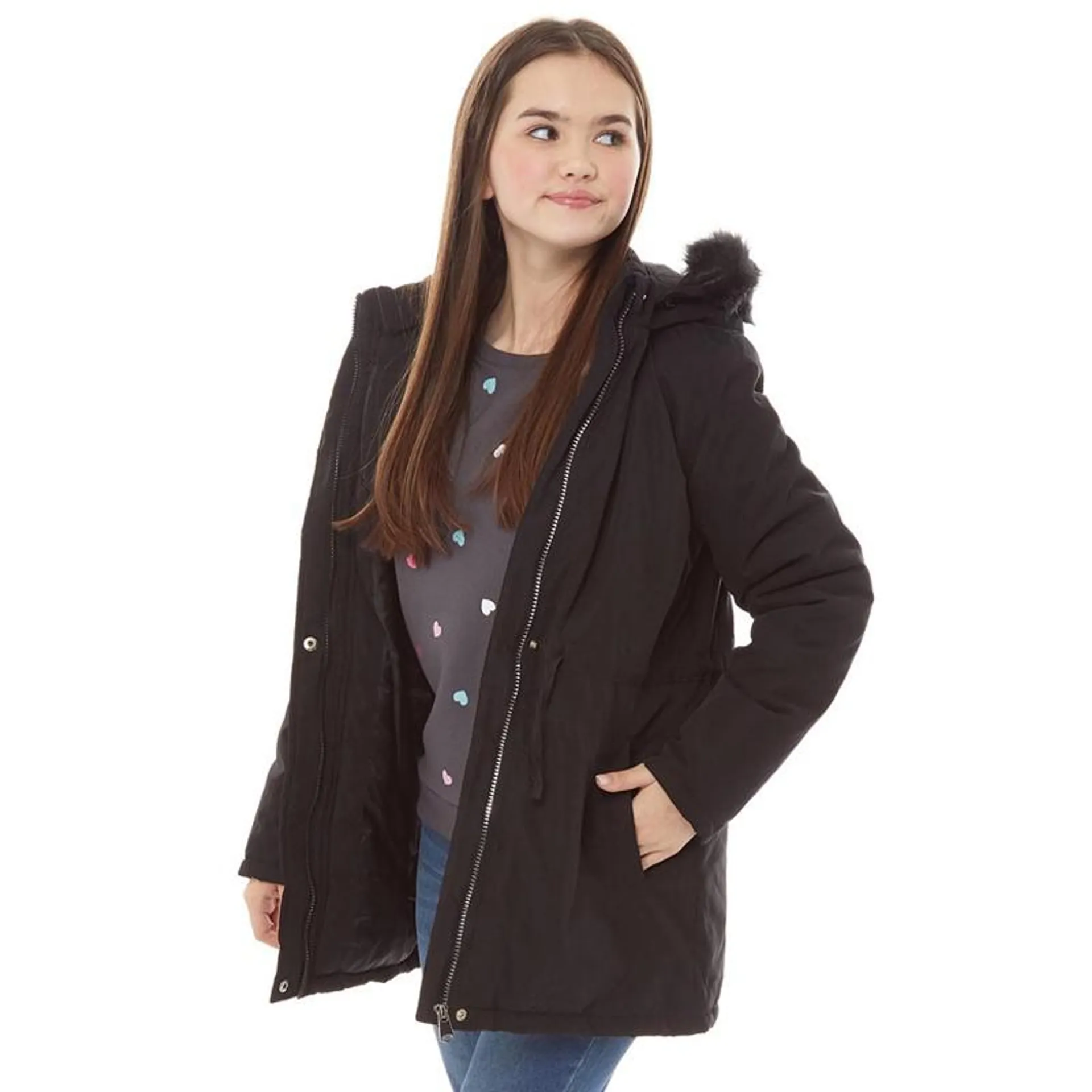 Fluid Girls Faux Fur Trim Hooded Parka Jacket Black