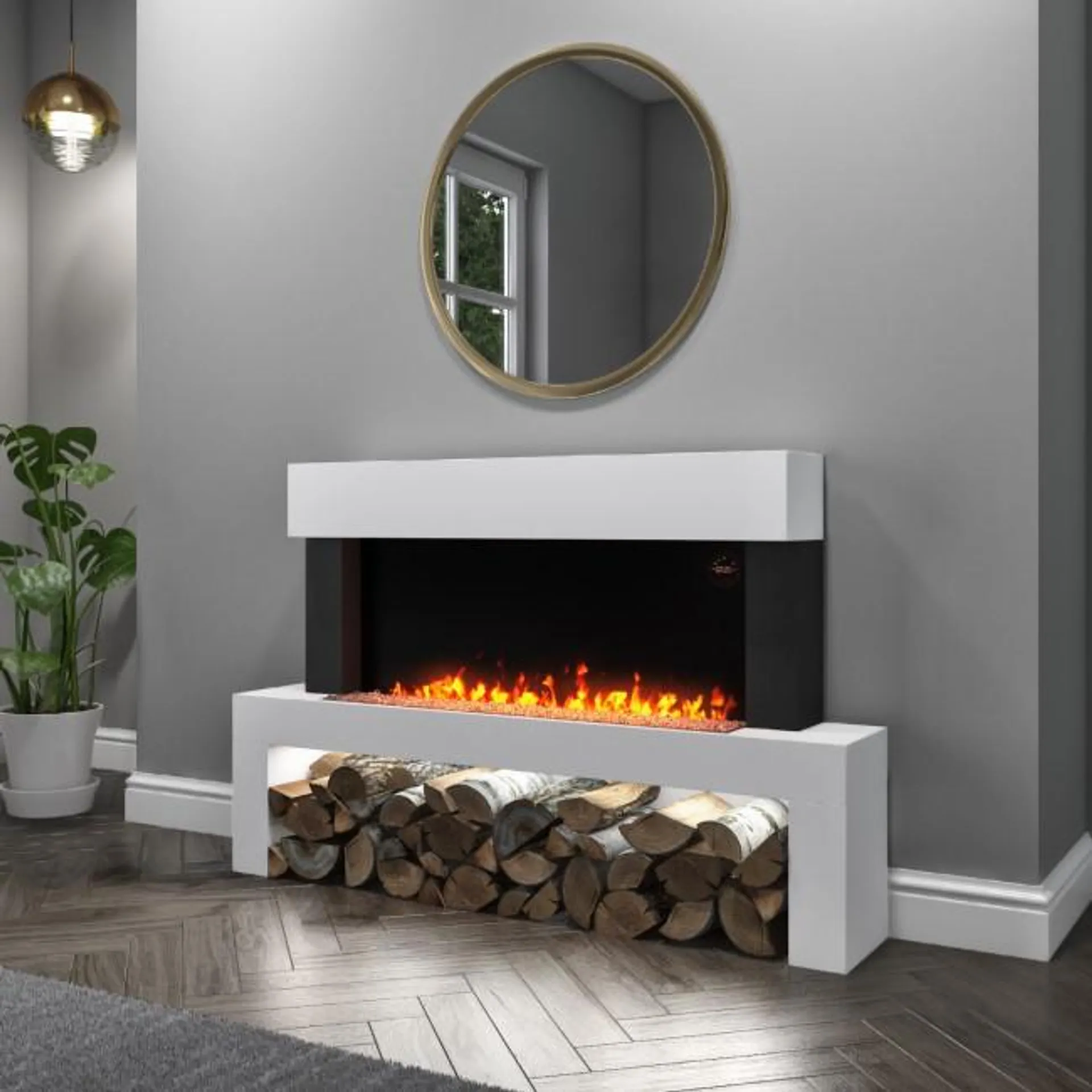 GRADE A1 - AmberGlo White Floor Standing Electric Fireplace Suite - Log & Crystal Fuel Bed