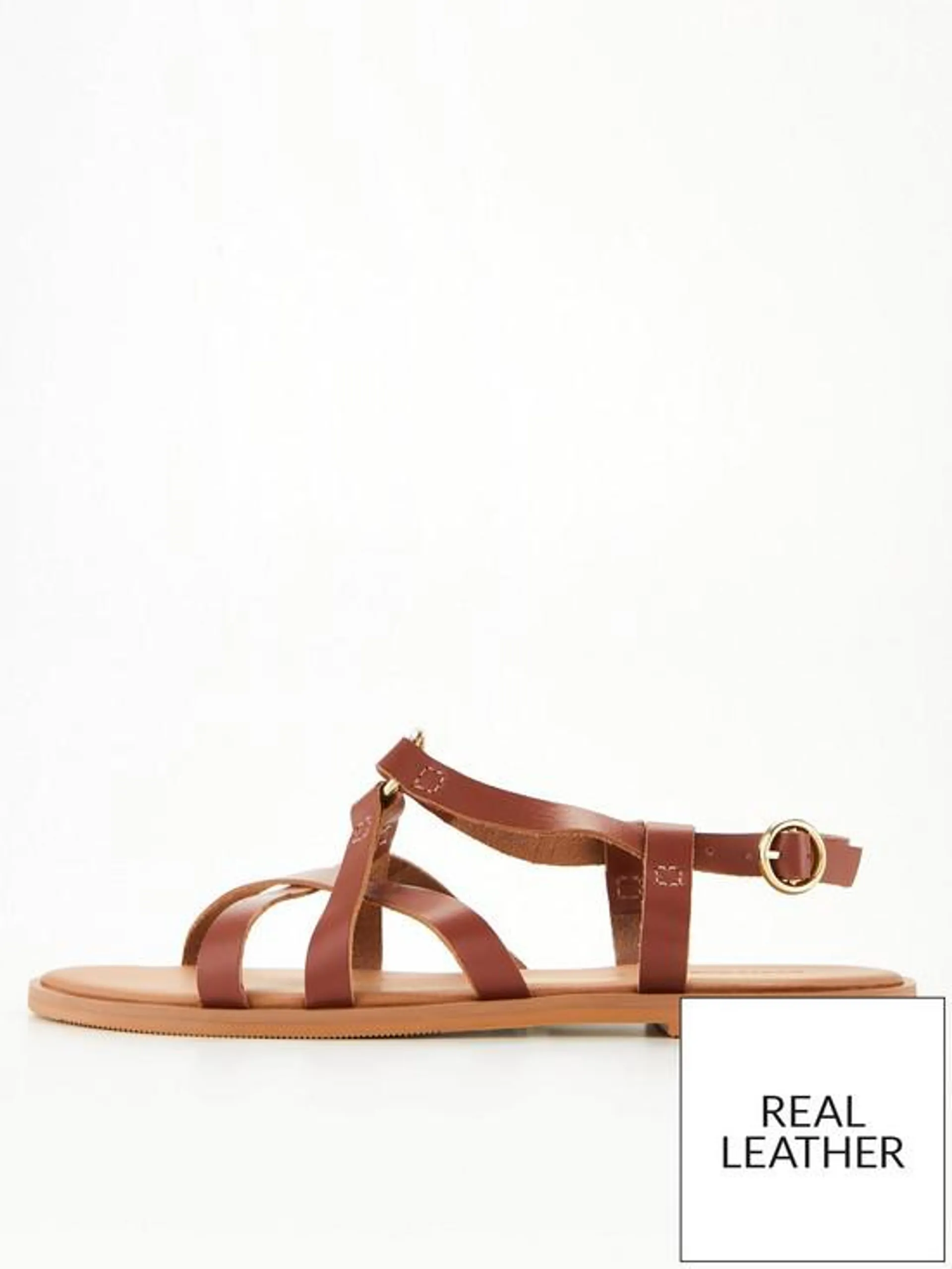 Leather Strappy Sandal with Metal Ring - Tan