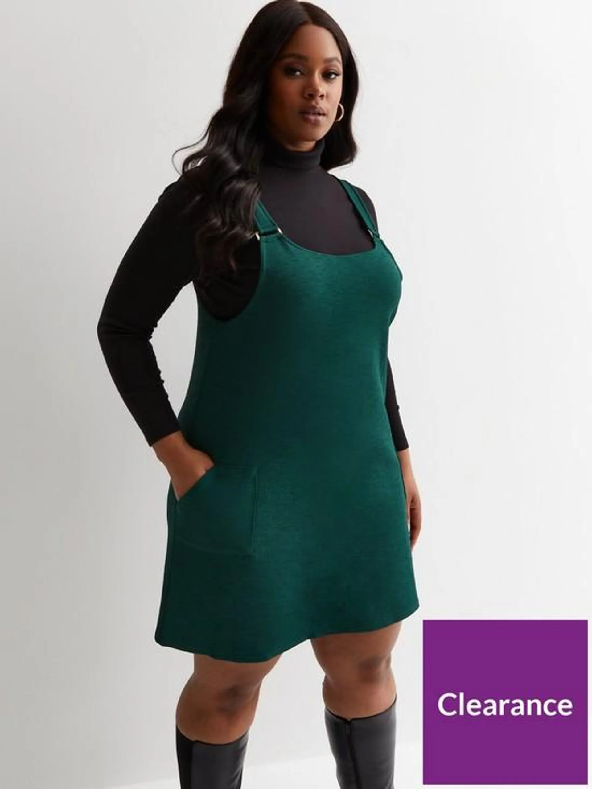 Curves Dark Green Crepe Mini Pinafore Dress