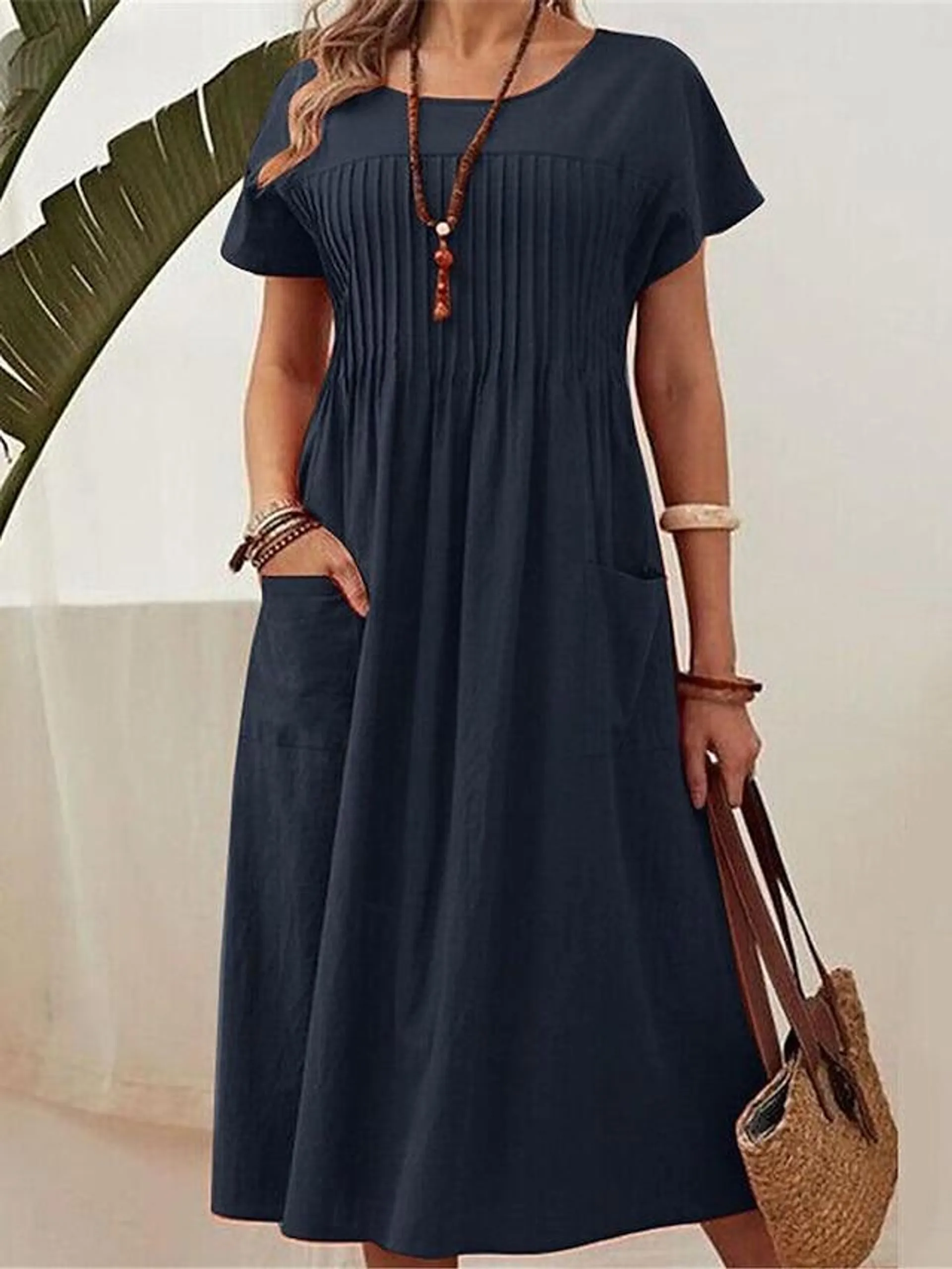 Women's Casual Dress Cotton Linen Dress Midi Dress Pocket Basic Daily Crew Neck Short Sleeve Summer Spring Red Navy Blue Plain