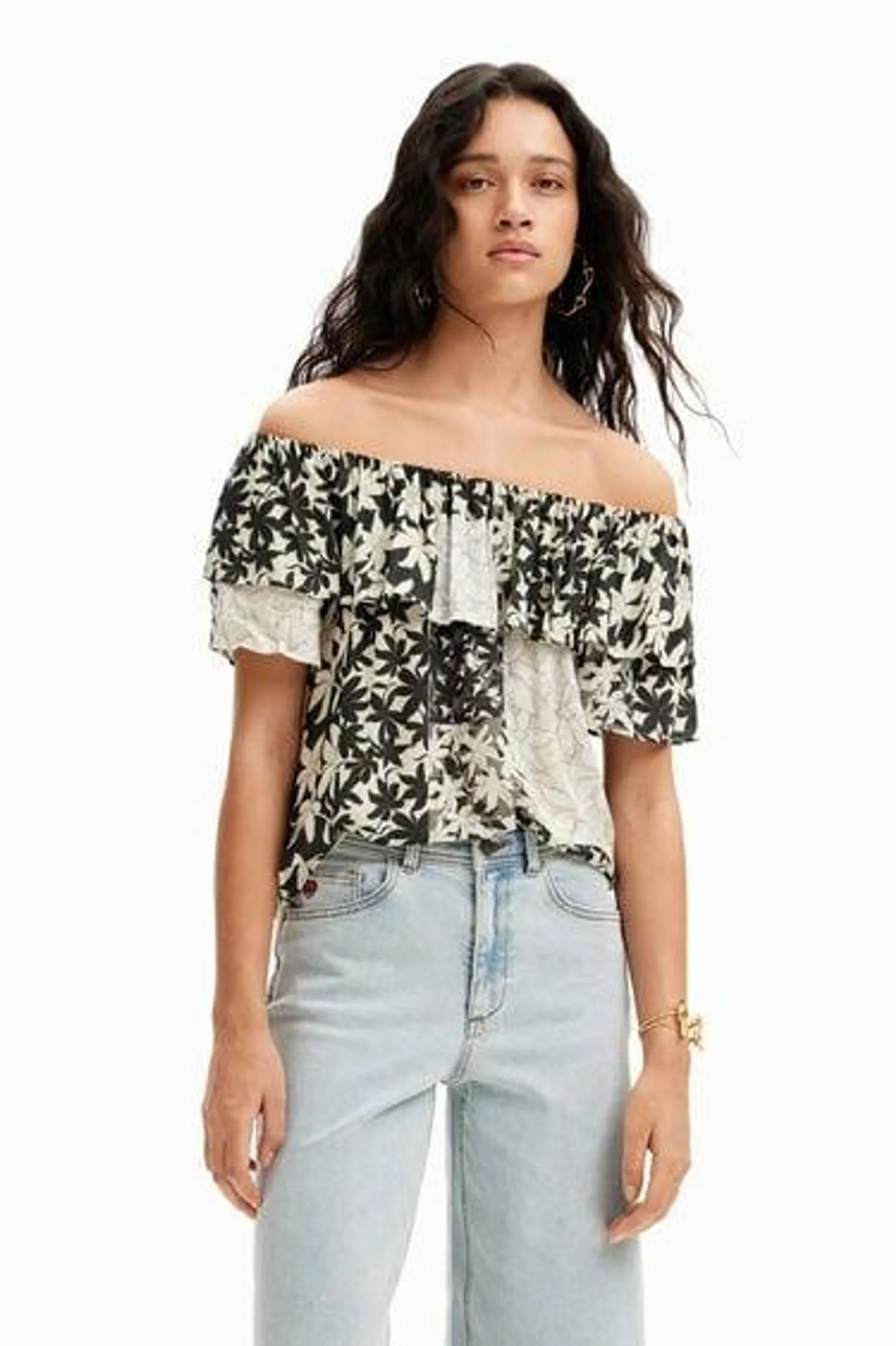 Patchwork floral ruffle blouse