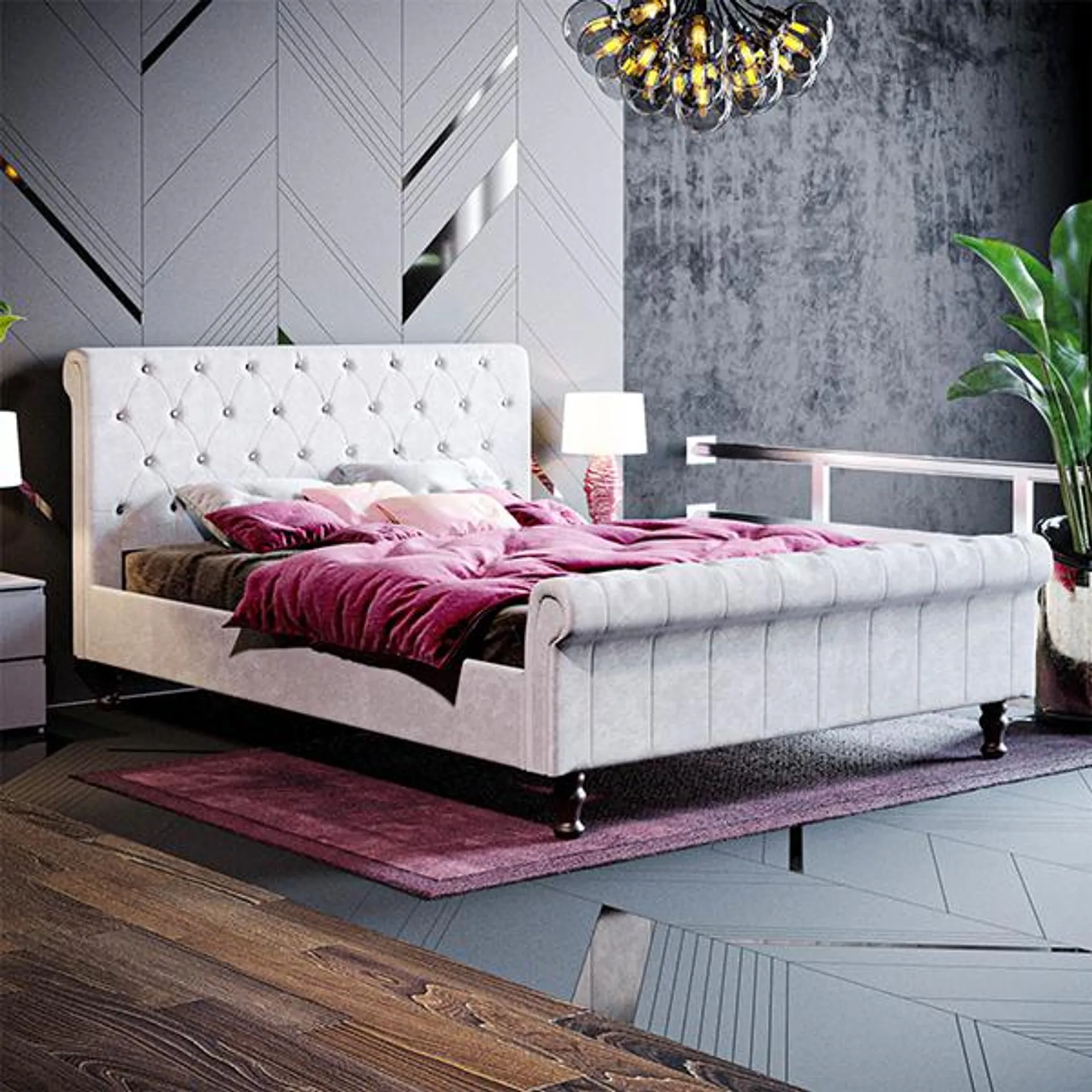 Violetta King Size Bed - Light Grey Velvet