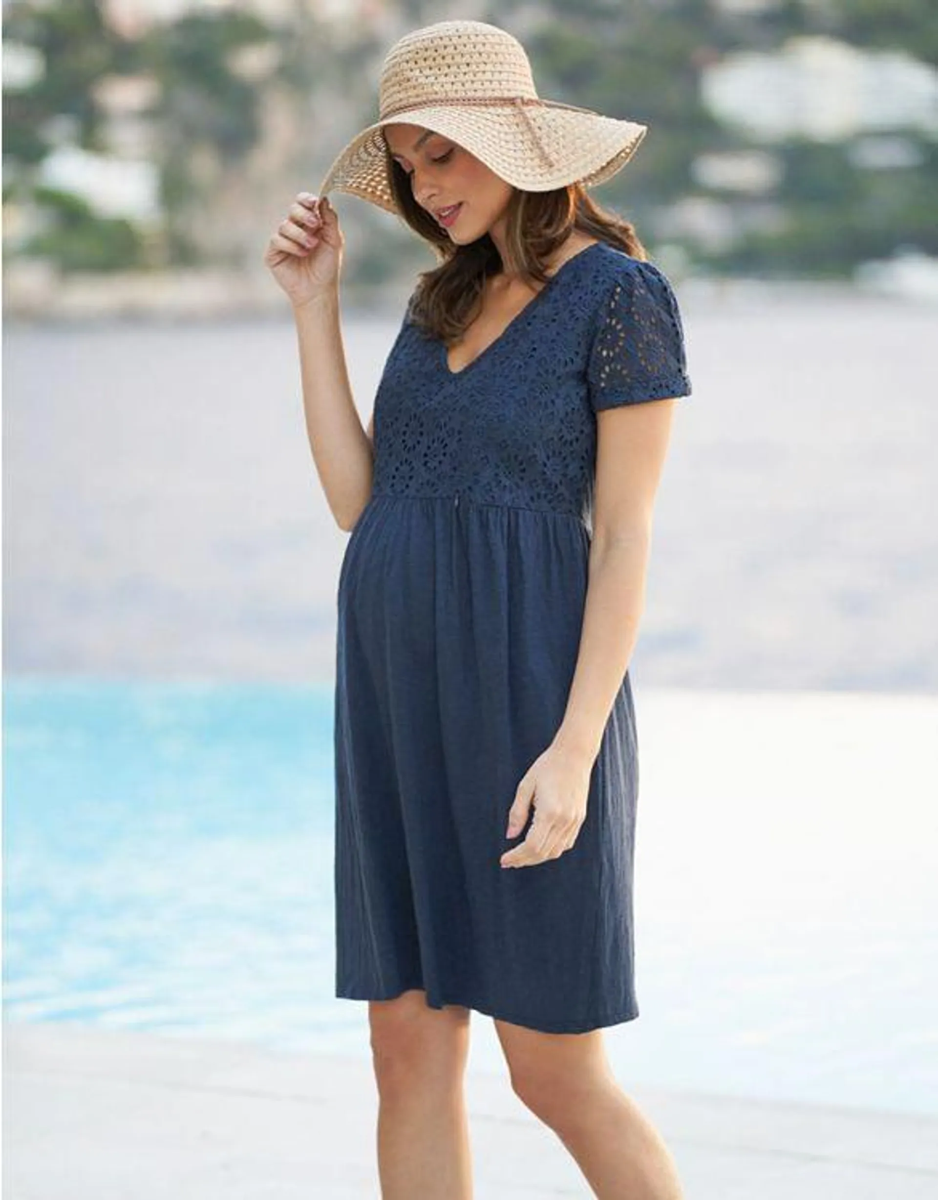 Navy Blue Broderie Anglais Maternity to Nursing Dress