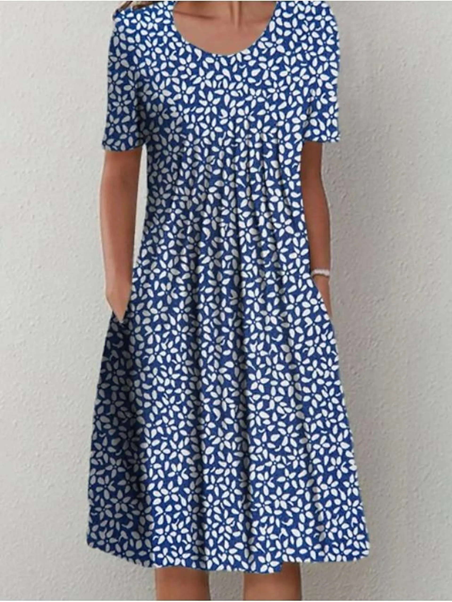 Women's Casual Dress Midi Dress Blue Short Sleeve Floral Ruched Spring Summer Crew Neck Basic 2023 S M L XL XXL 3XL