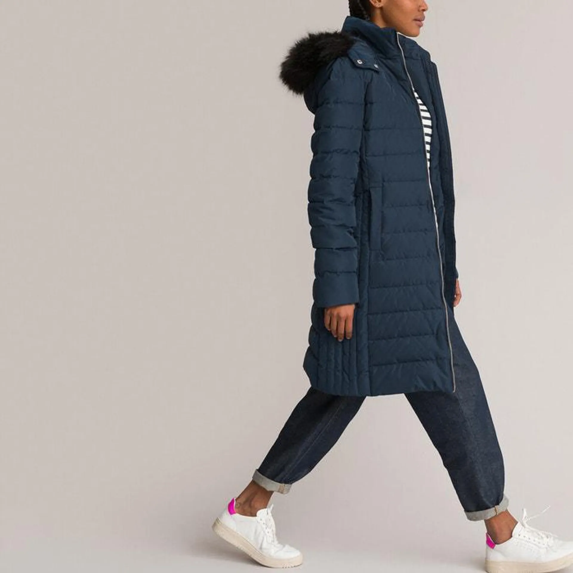 Long Padded Puffer Jacket with Faux Fur-Trimmed Hood