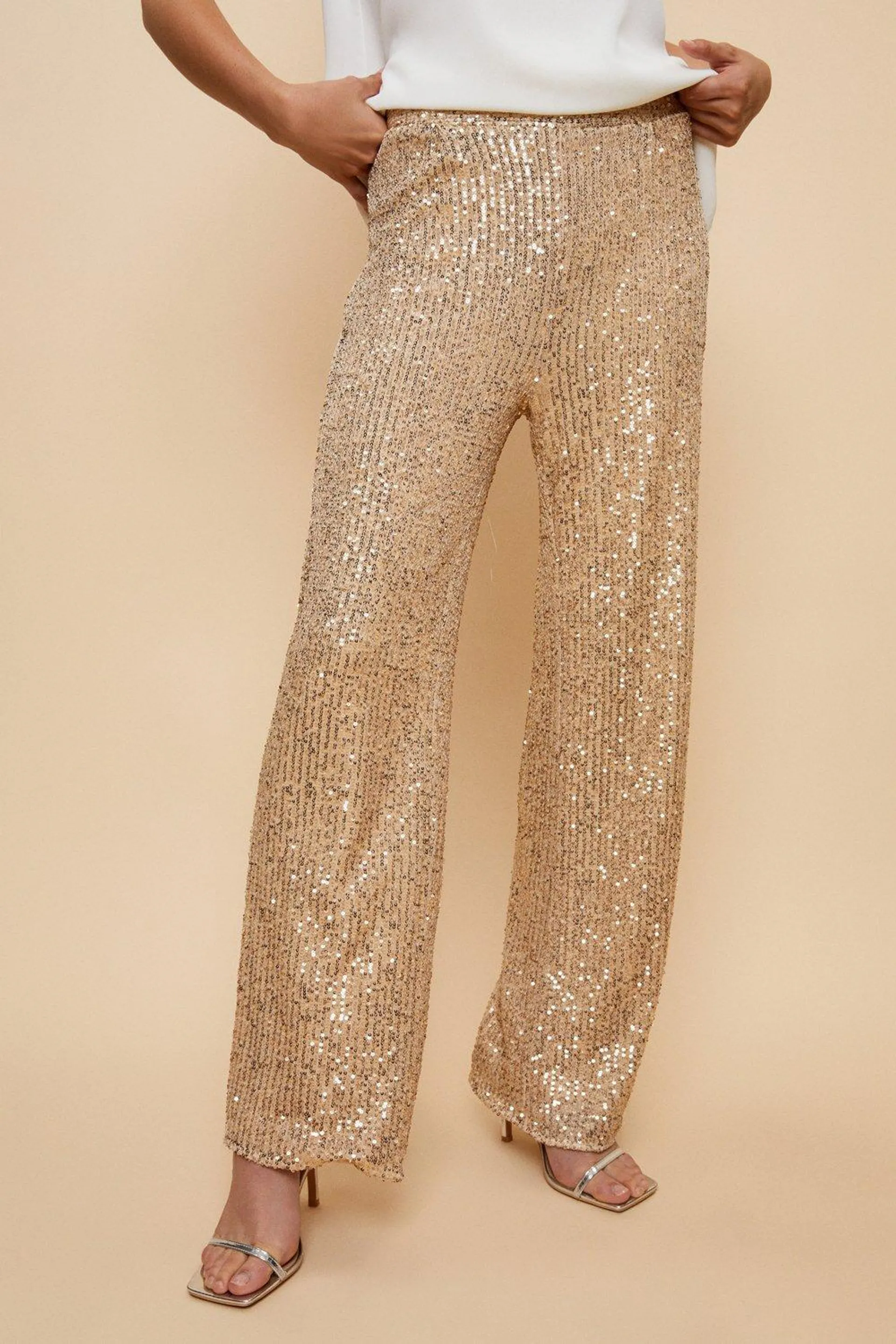 Champagne Sequin Straight Leg Trousers