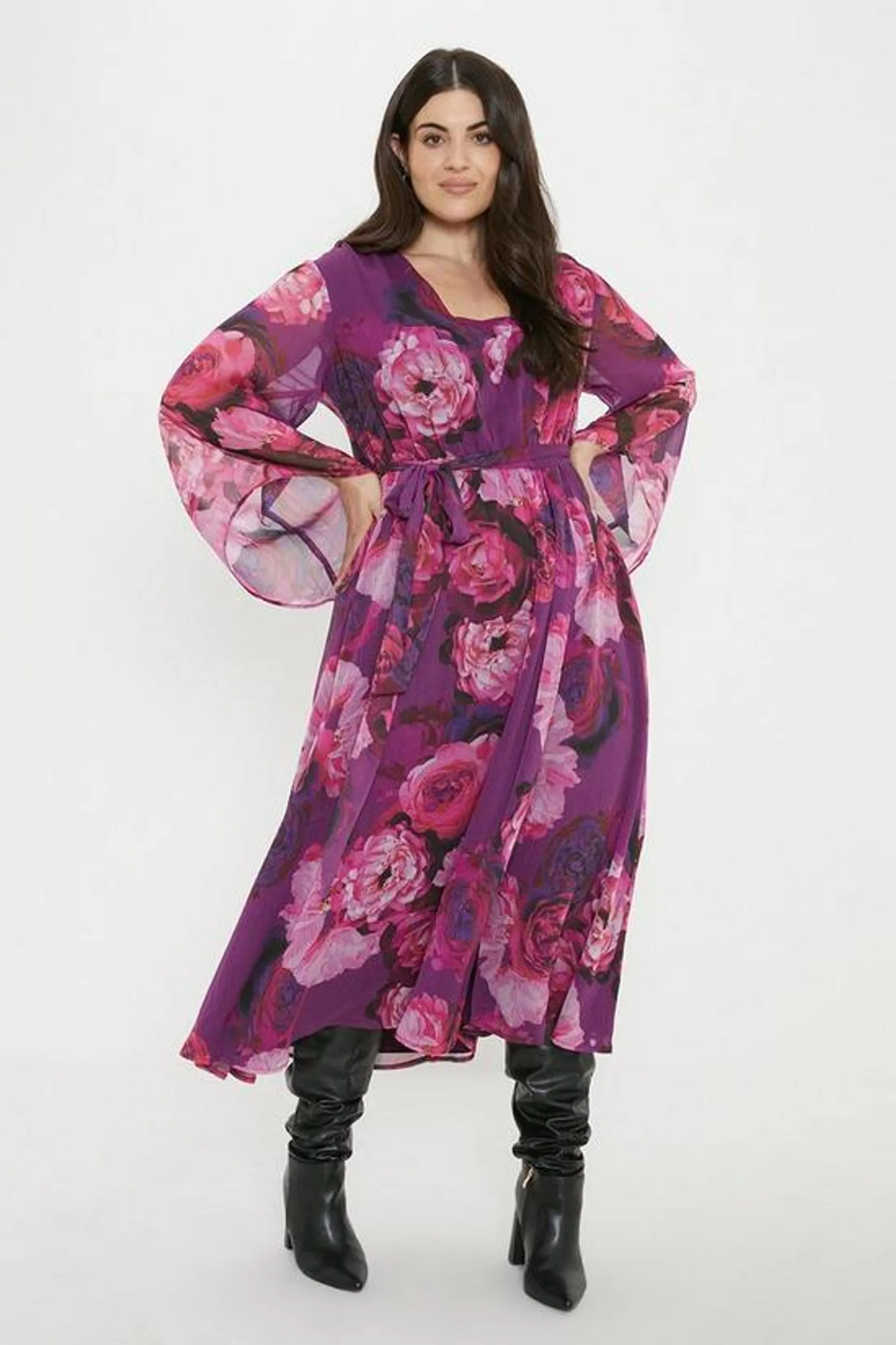 Curve Floral Kimono Sleeve Midaxi Dress