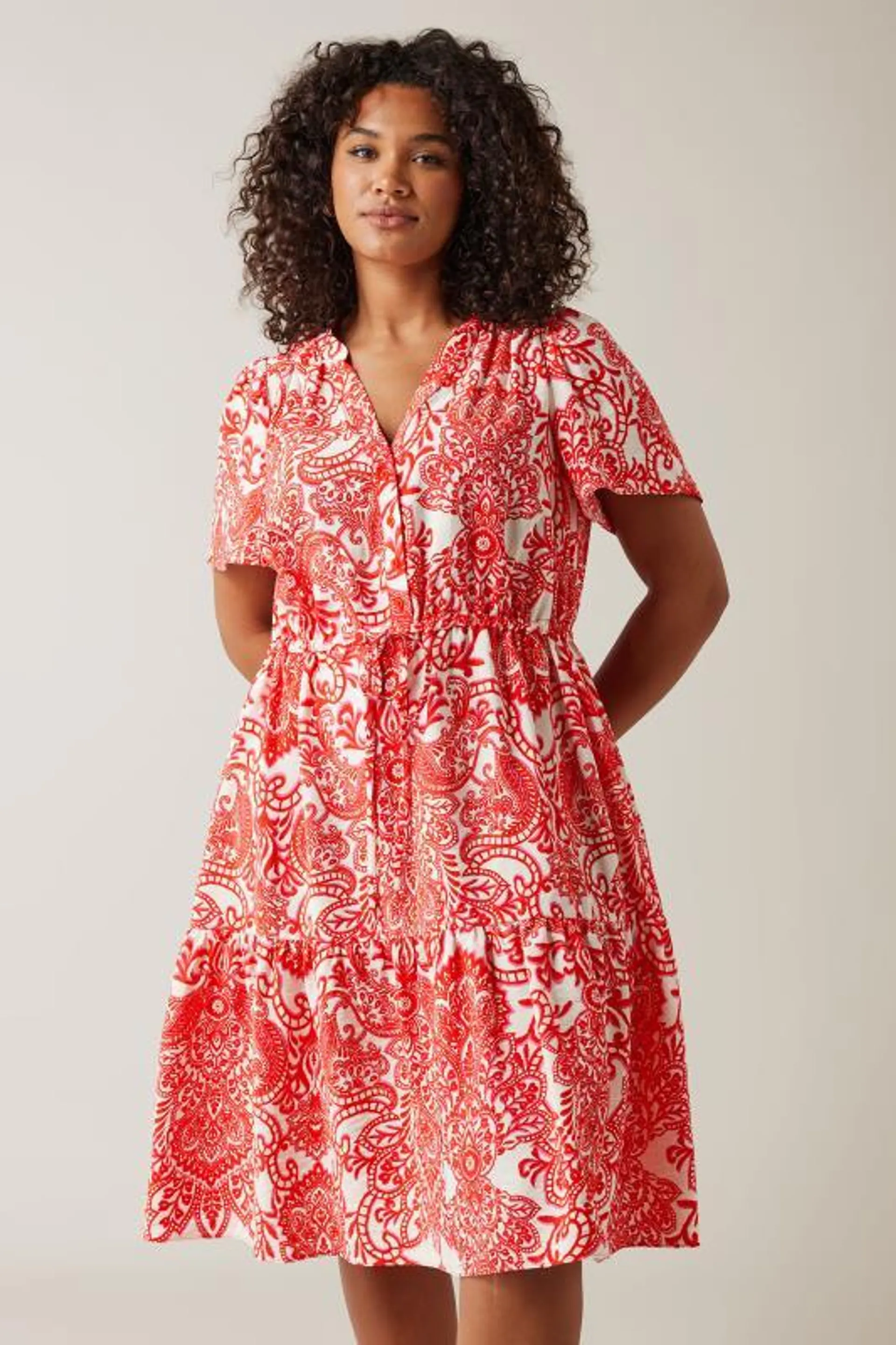 EVANS Curve Red Paisley Print Midi Shirt Dress