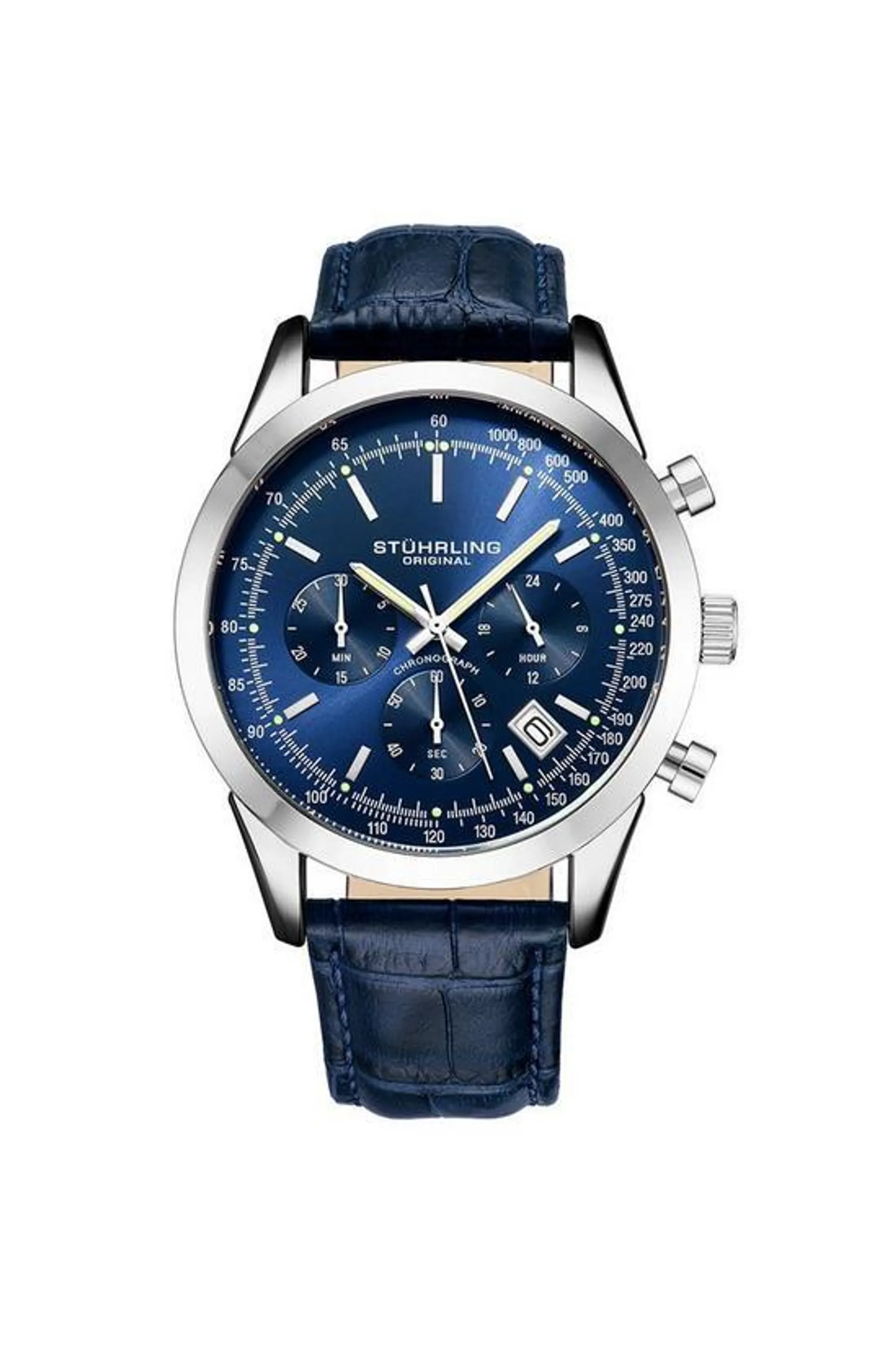 Rialto Chronograph Watch Quartz With Tachymeter 44mm Silver Case Blue Leather Band