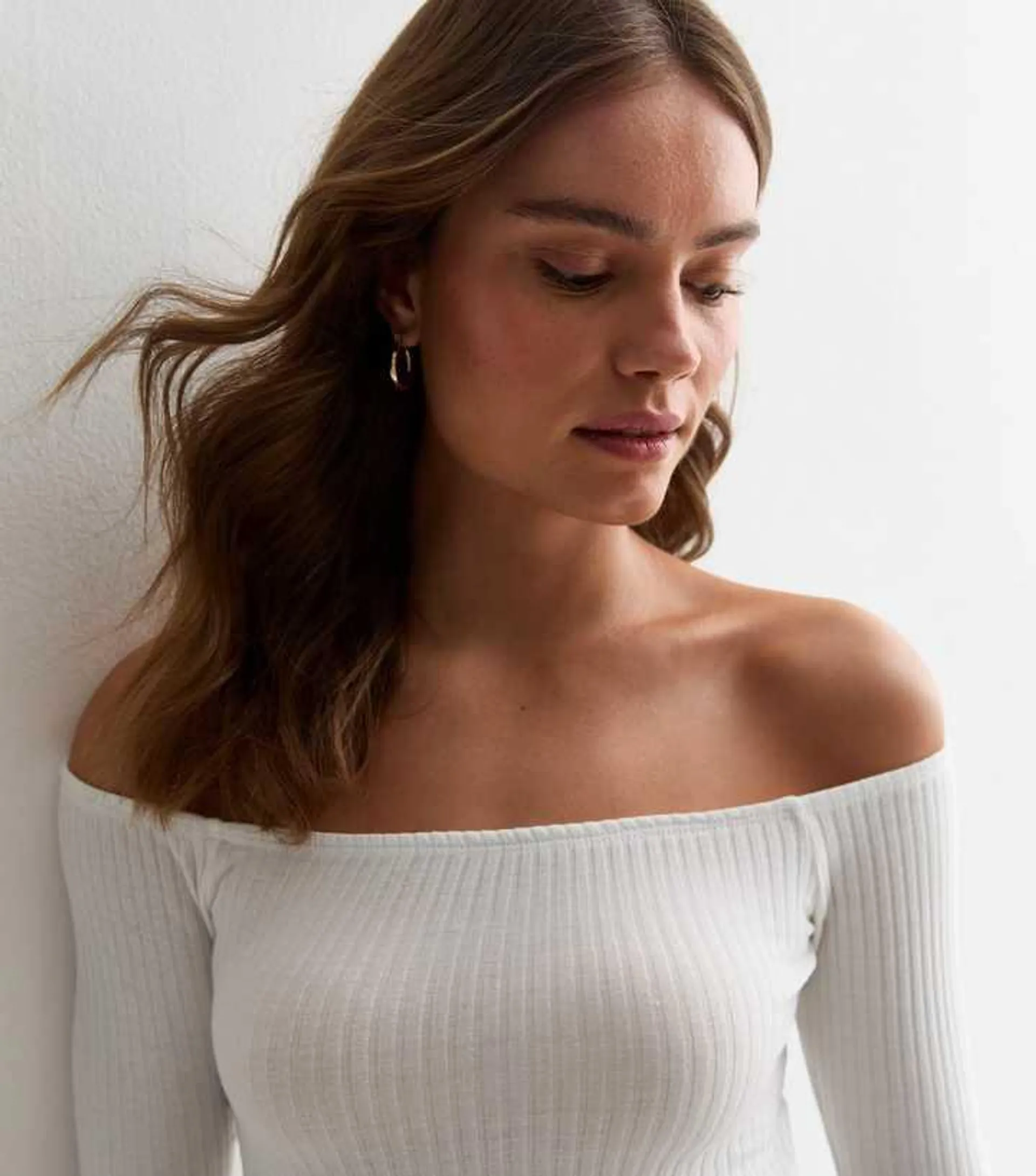 White Ribbed Bardot Top