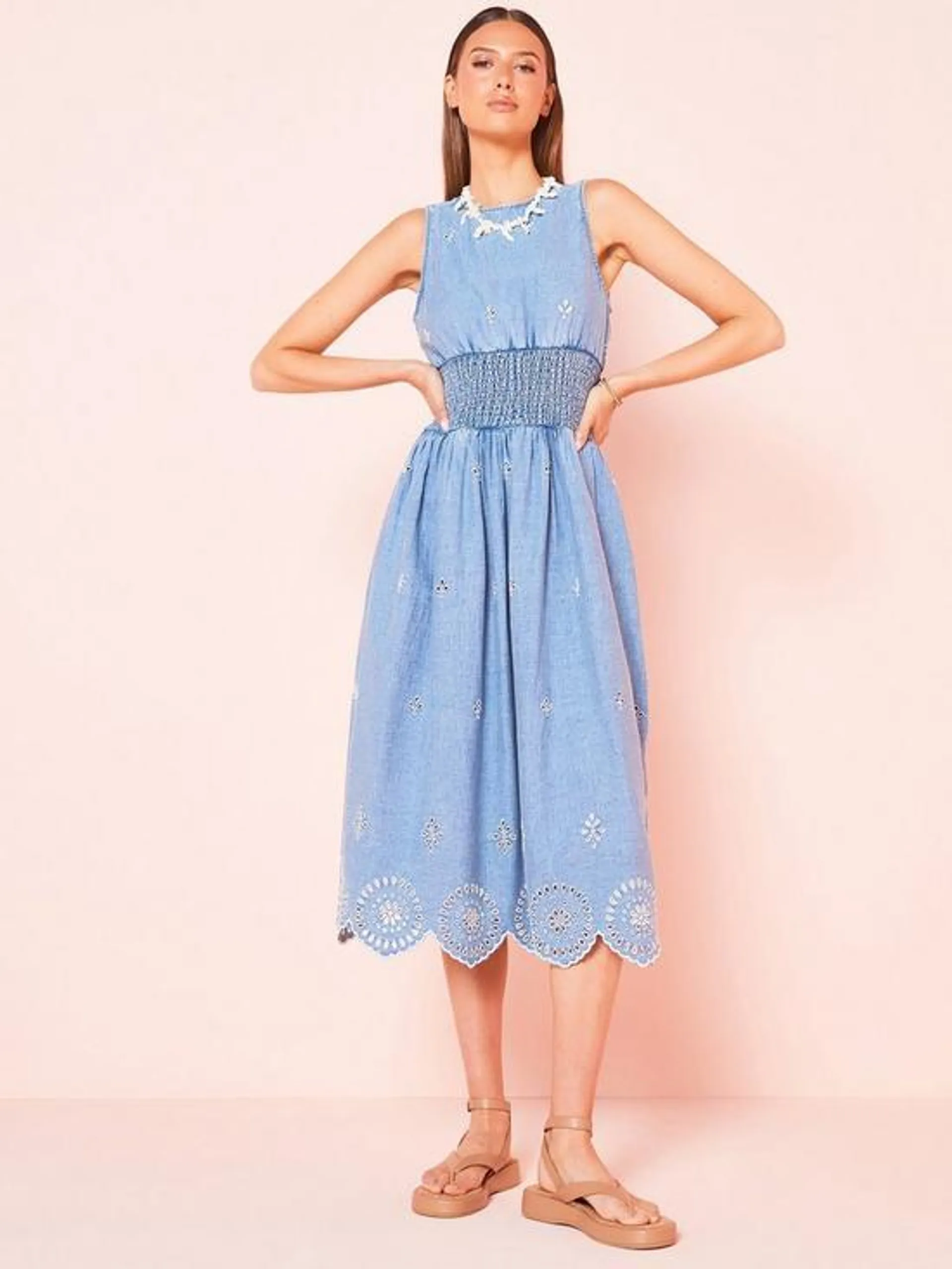 Shirred Waist Midi Dress - Blue