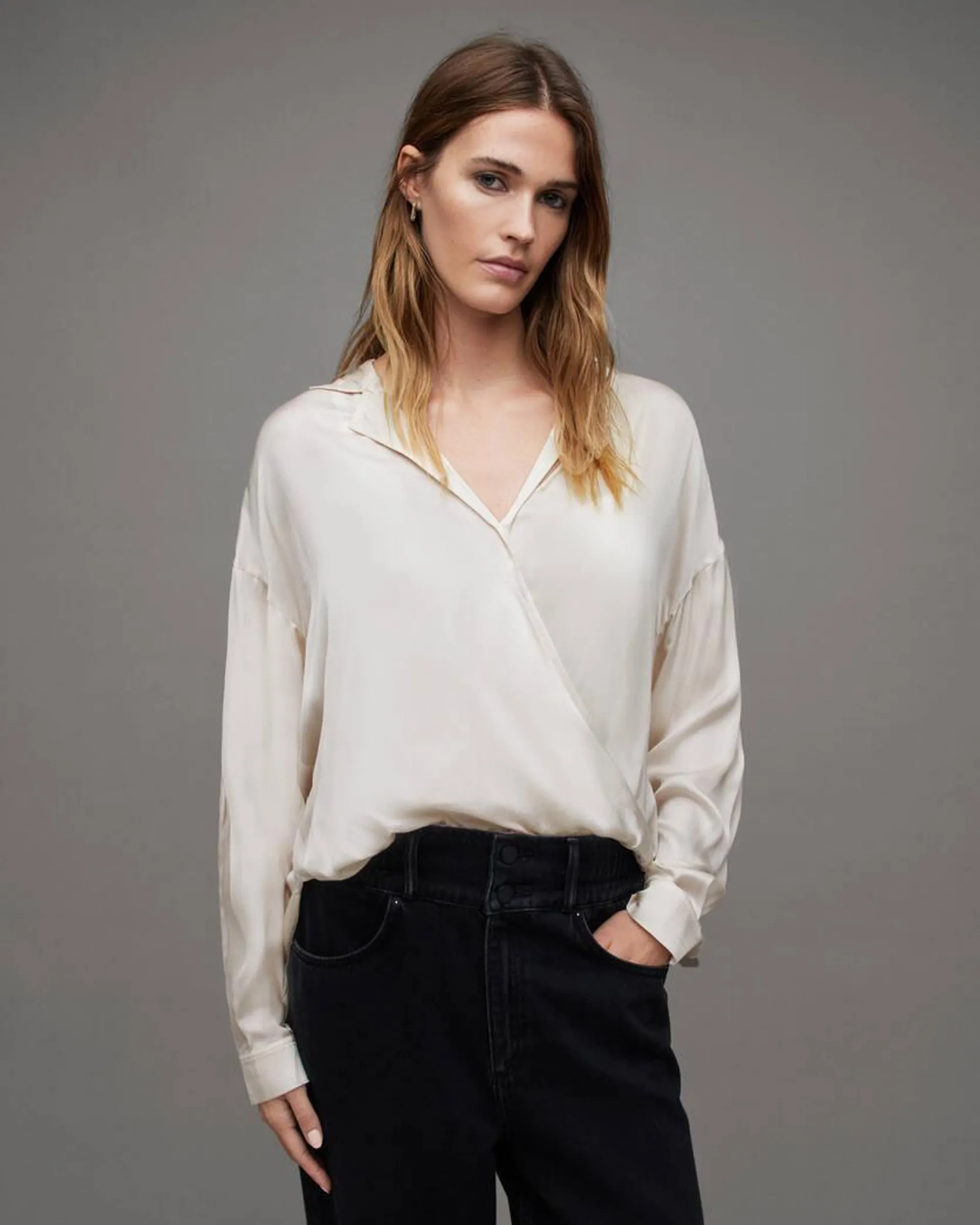 Penny Wrap Over Deep V-Neck Shirt