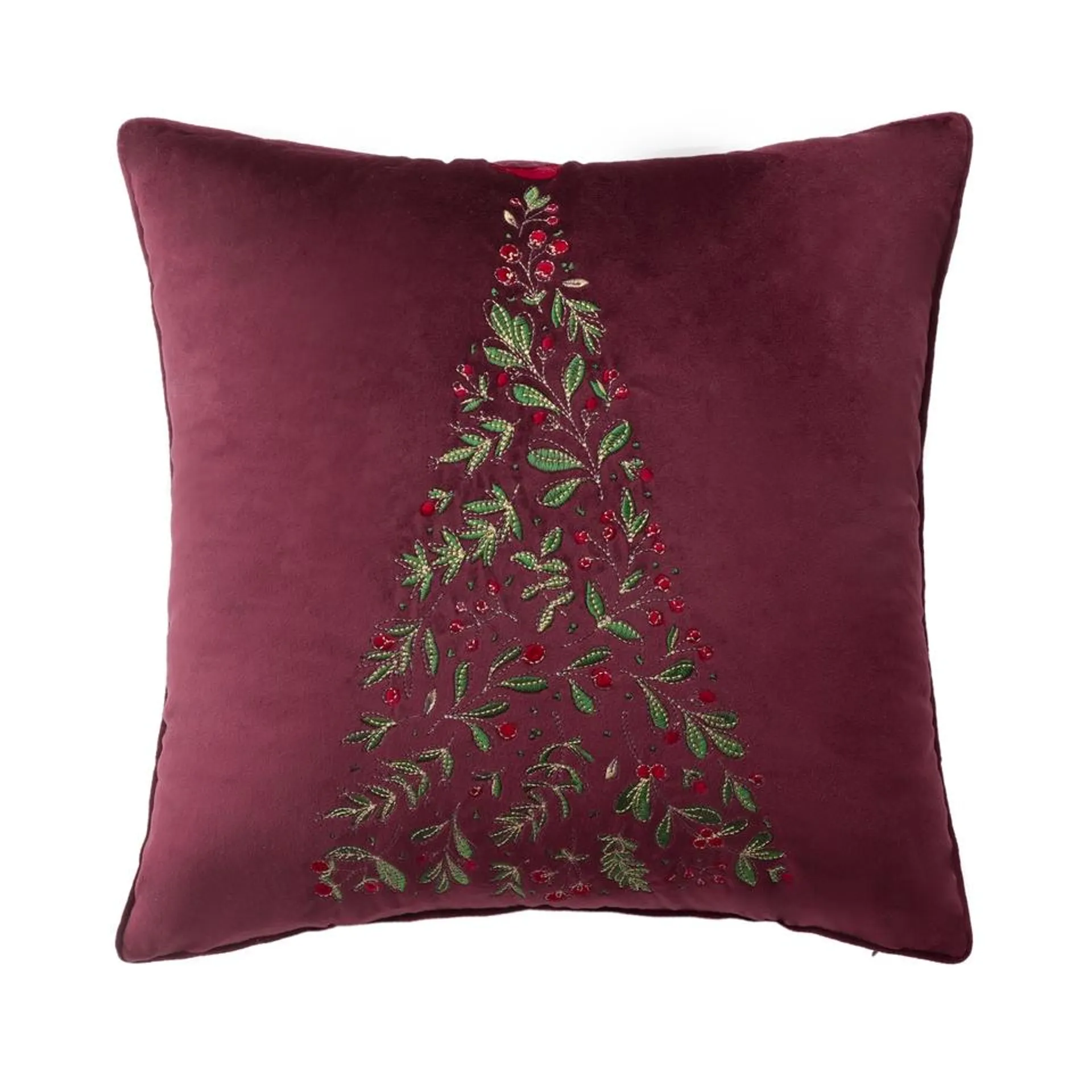 Velvet Claret Embroidered Christmas Tree Cushion - 45x45cm