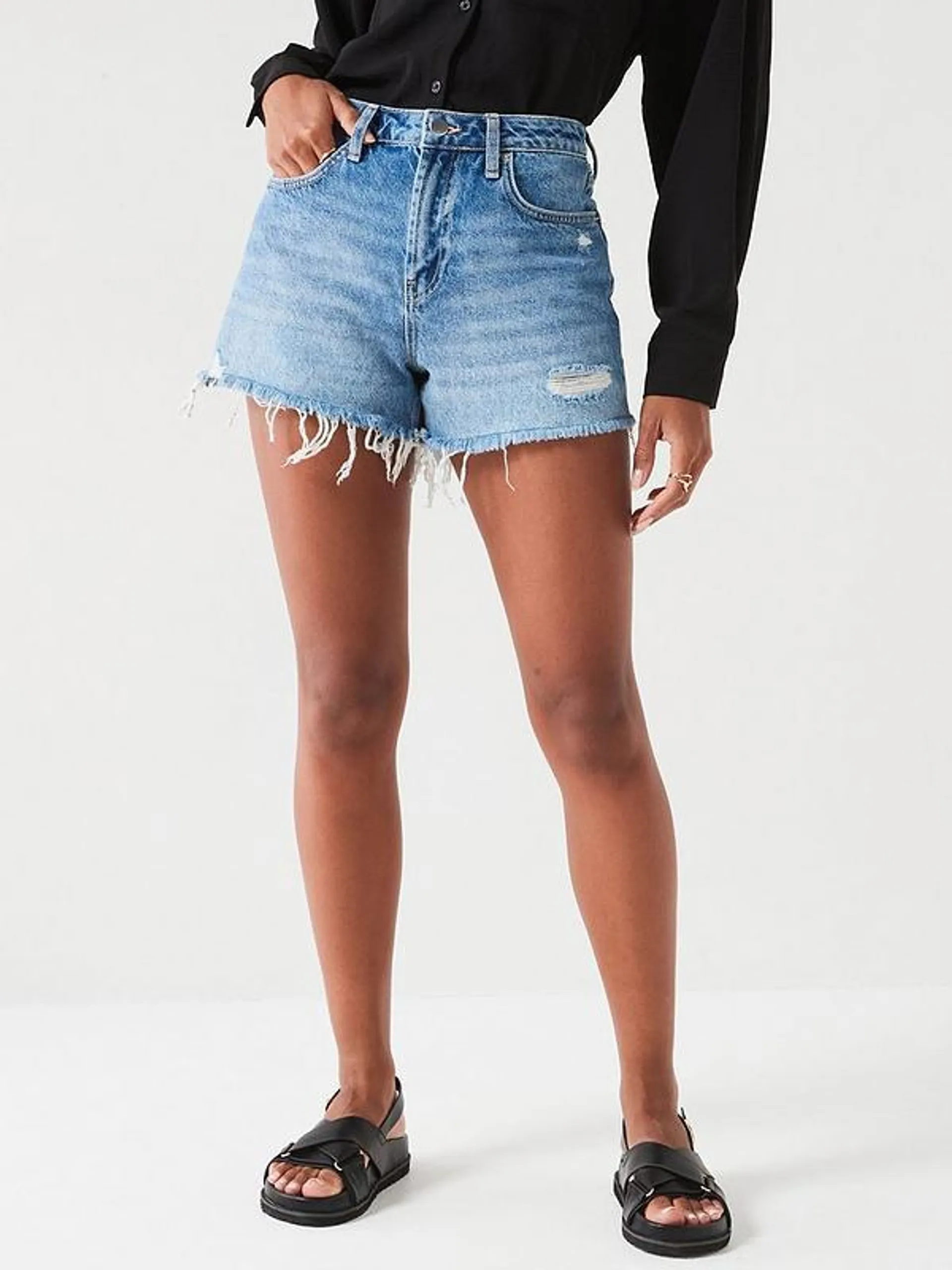 Distressed Hem Denim Shorts - Mid Wash